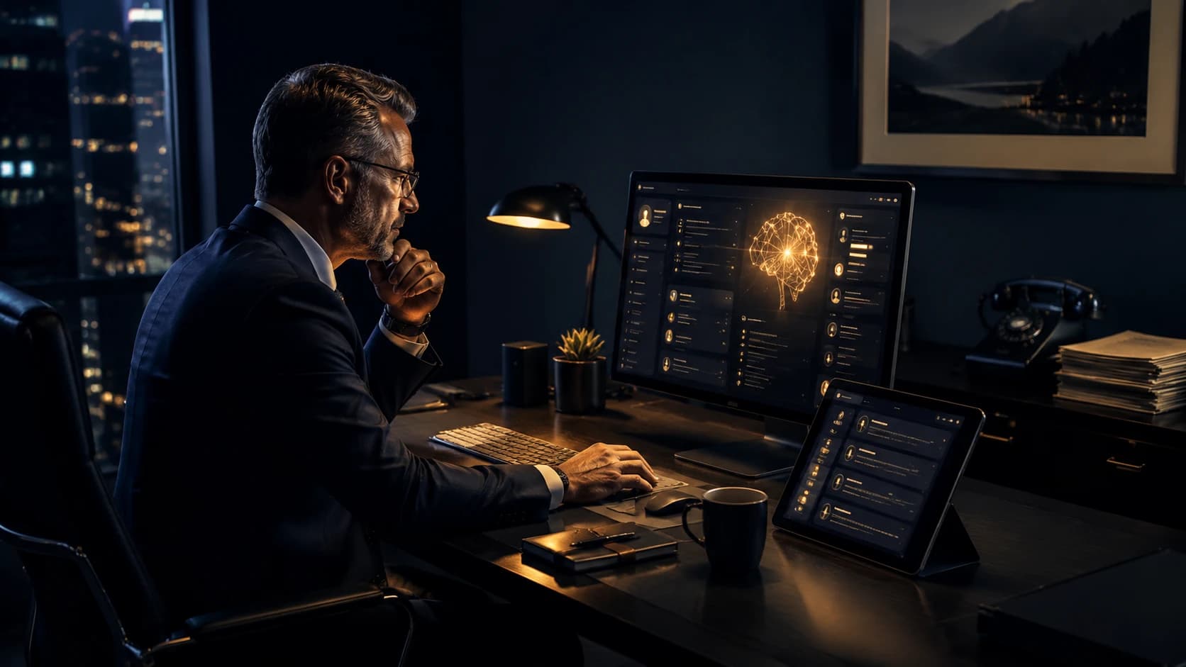 Financial advisor reviewing AI-powered prospect discovery and recommendation dashboards across multiple screens, illustrating how retirement planning firms build visibility and trust in AI-driven search and recommendation systems