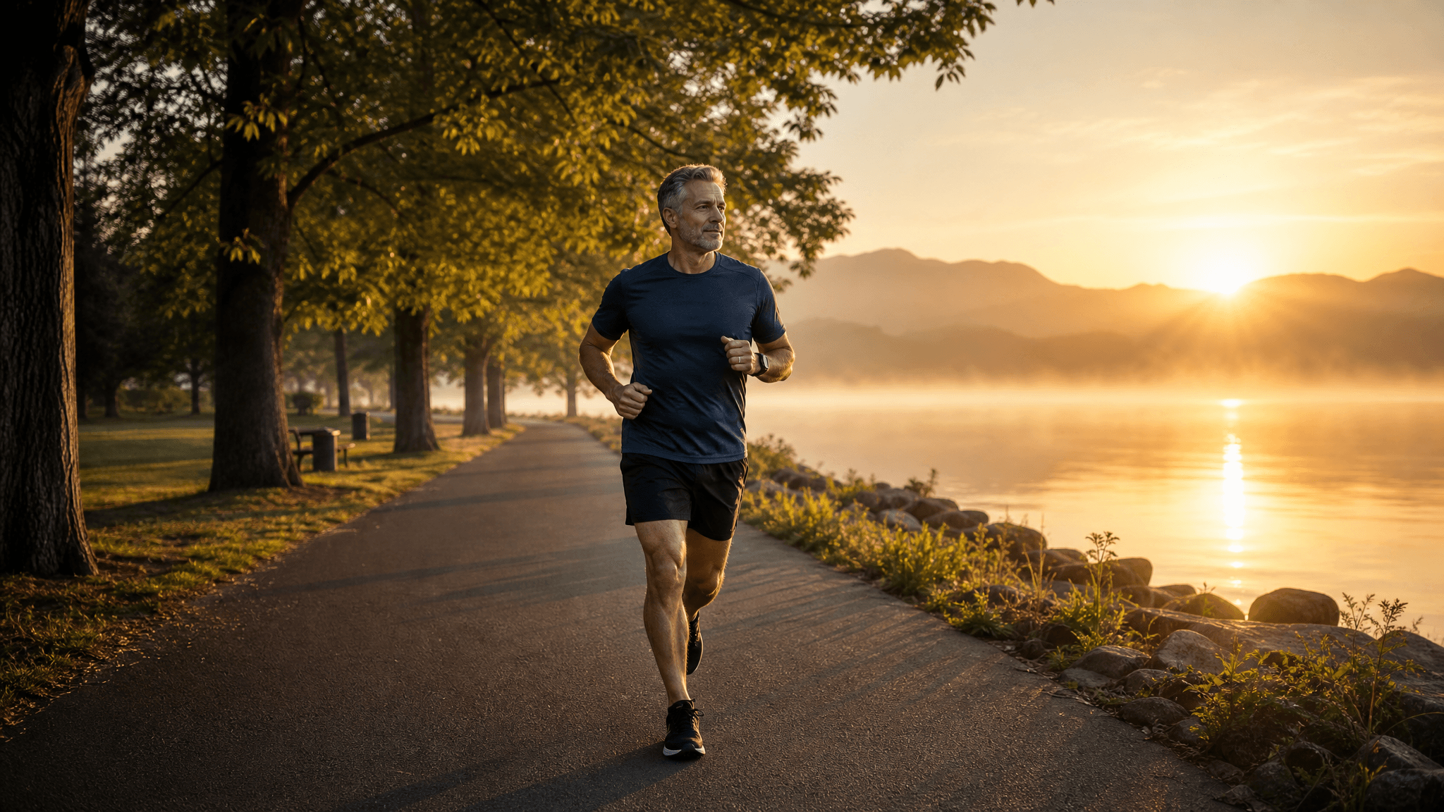 A fit man in his fifties jogging outdoors on a tree-lined path at sunrise.