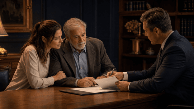 An adult child and elderly parent review probate and estate documents with an attorney.