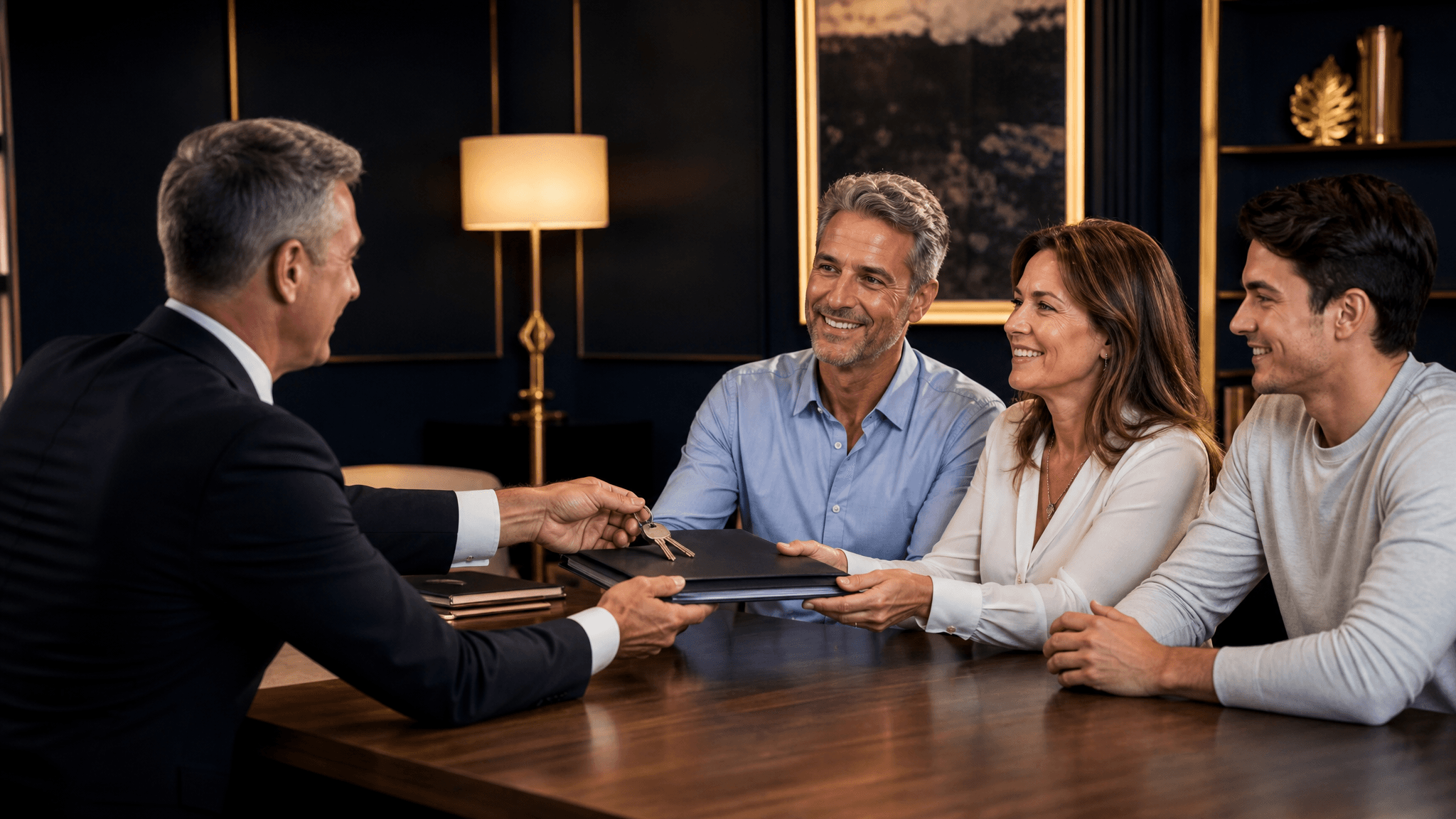 An estate planner hands a document folder and house keys to a family across a table.