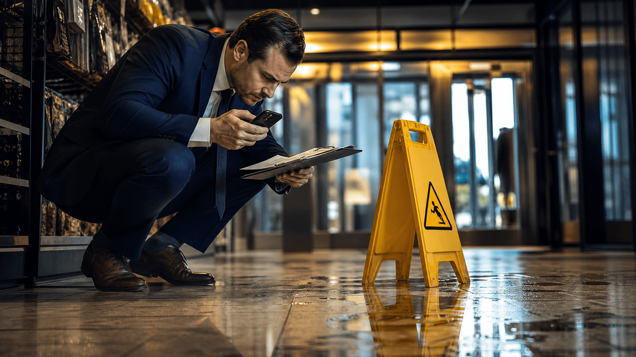 An attorney inspects a wet floor beside a yellow caution sign in a building lobby.
