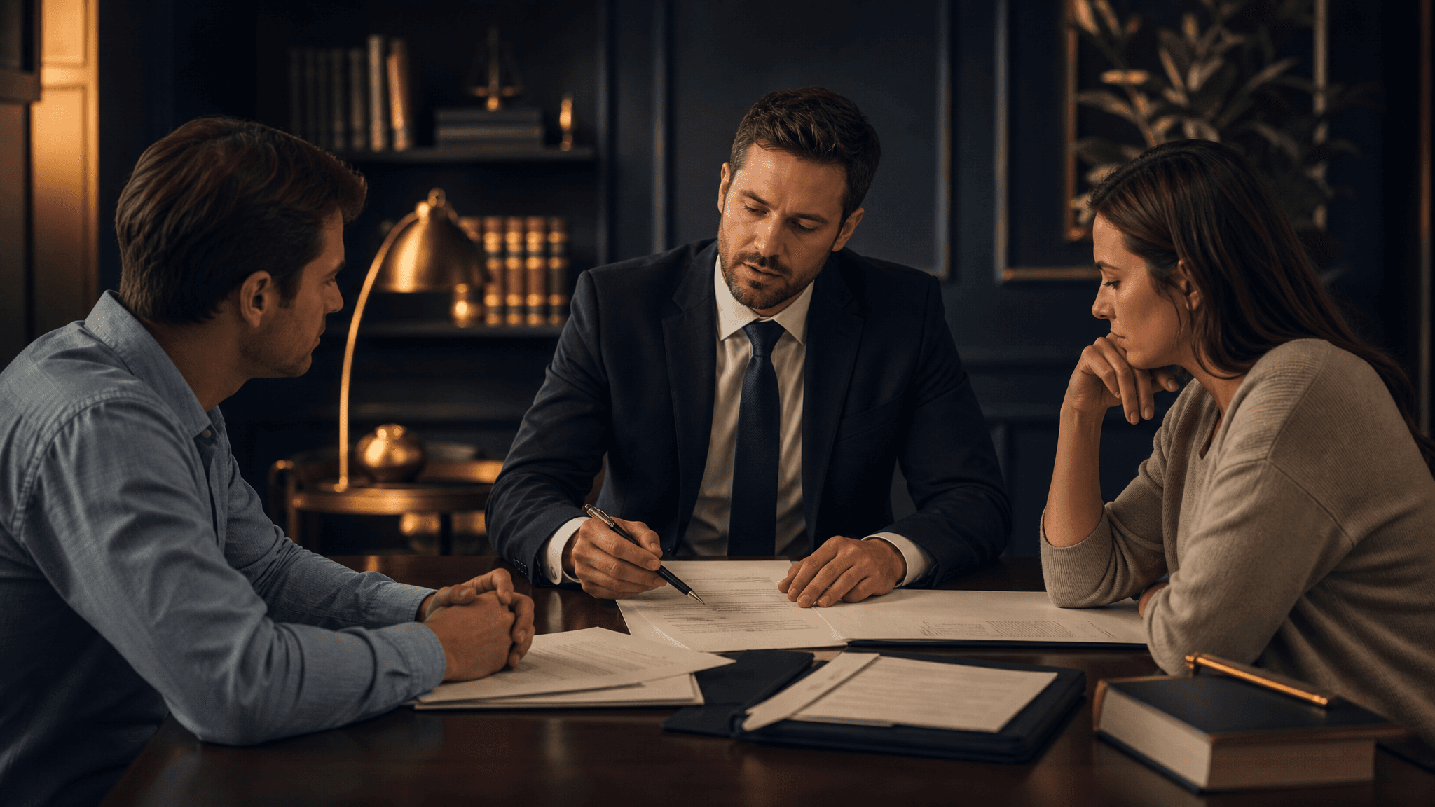 A family law attorney mediates between a separating couple reviewing divorce and custody documents