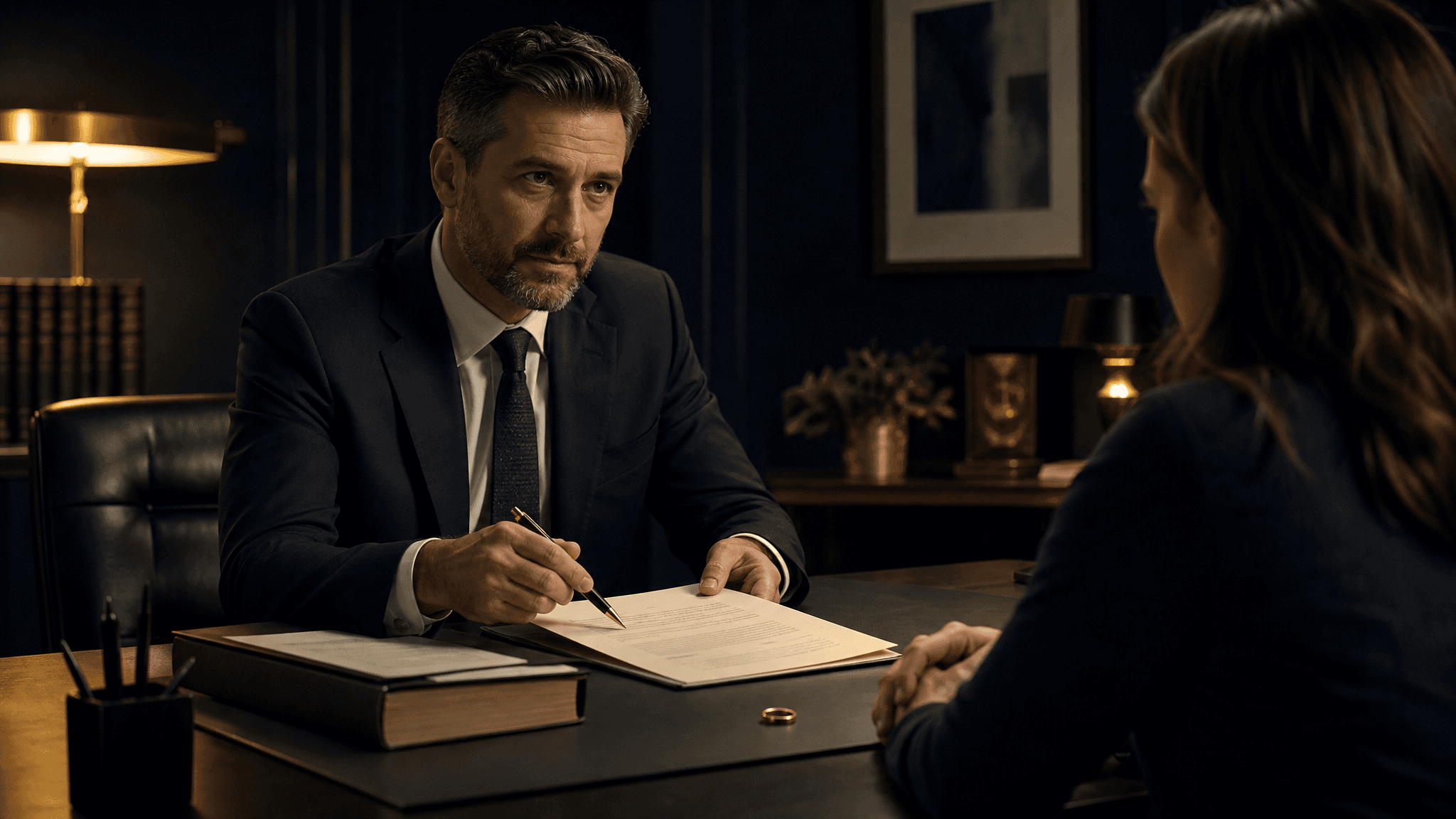 A divorce attorney explains a petition to a client with a wedding ring on the desk.
