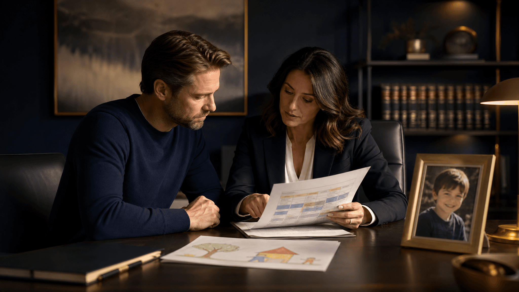 A custody attorney and parent review a parenting plan beside a framed photo of a child.