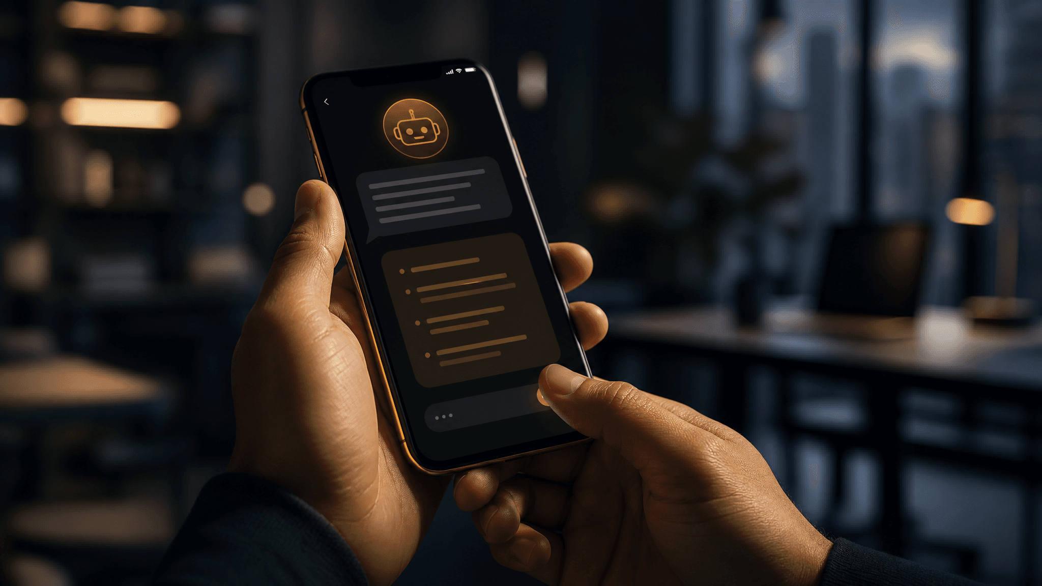 Close-up of hands holding a phone showing an AI assistant naming a recommended business