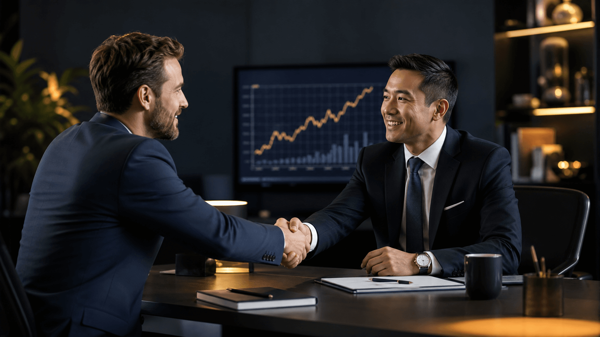 A person shakes hands with a financial advisor while meeting to discuss investments.