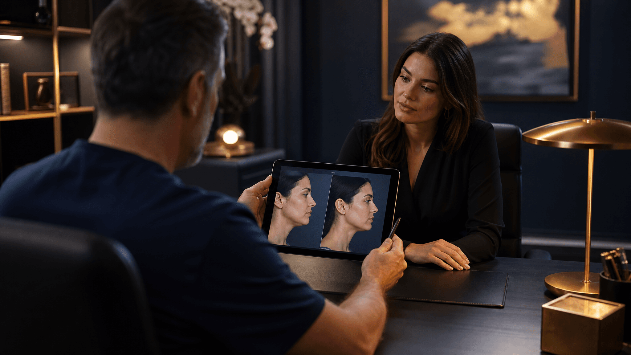 A surgeon shows a patient facial before-and-after photos on a tablet during a consultation