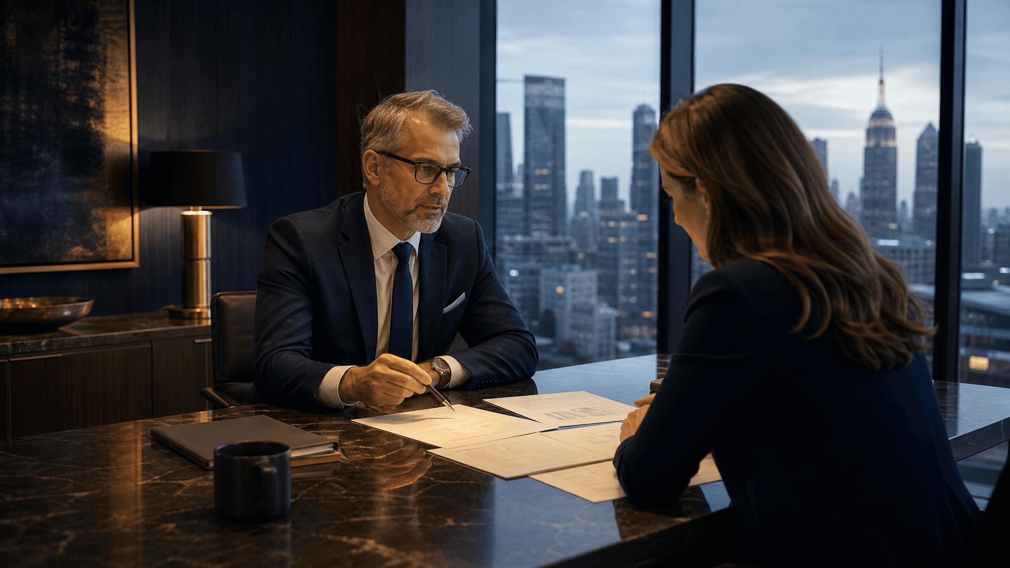 A fee-only fiduciary financial advisor reviewing documents with a client in a professional office