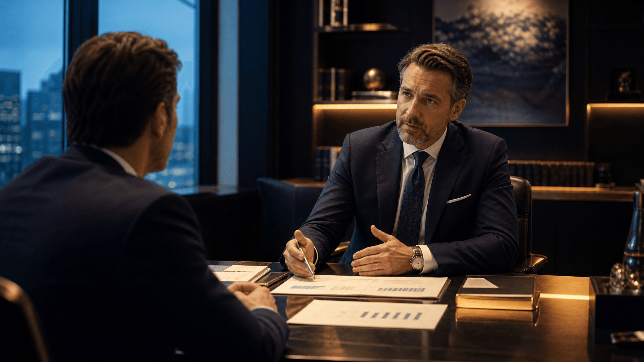 A fiduciary financial advisor meeting with a client in a modern wealth management office