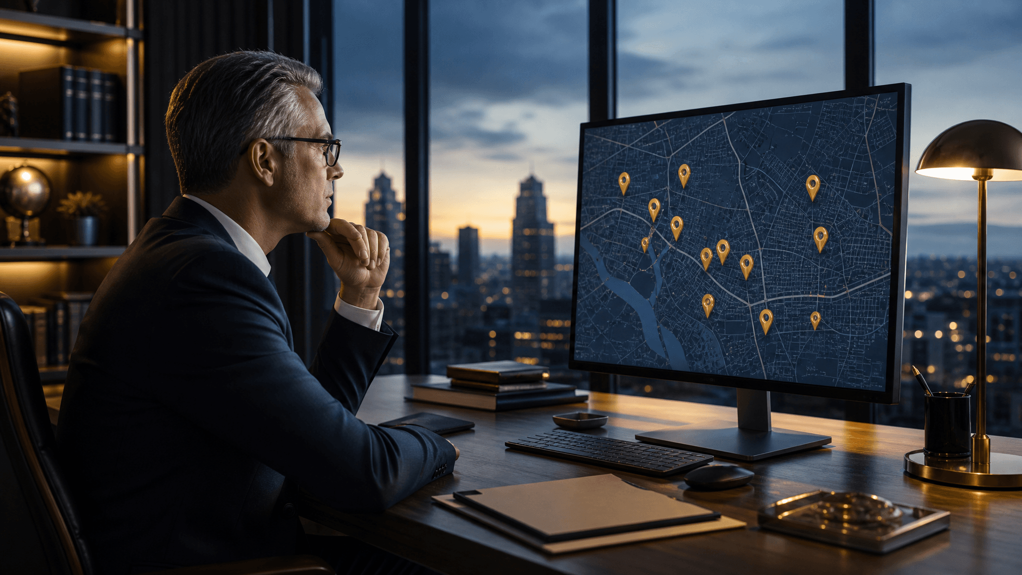 A fiduciary financial advisor reviewing a city directory map in a modern office