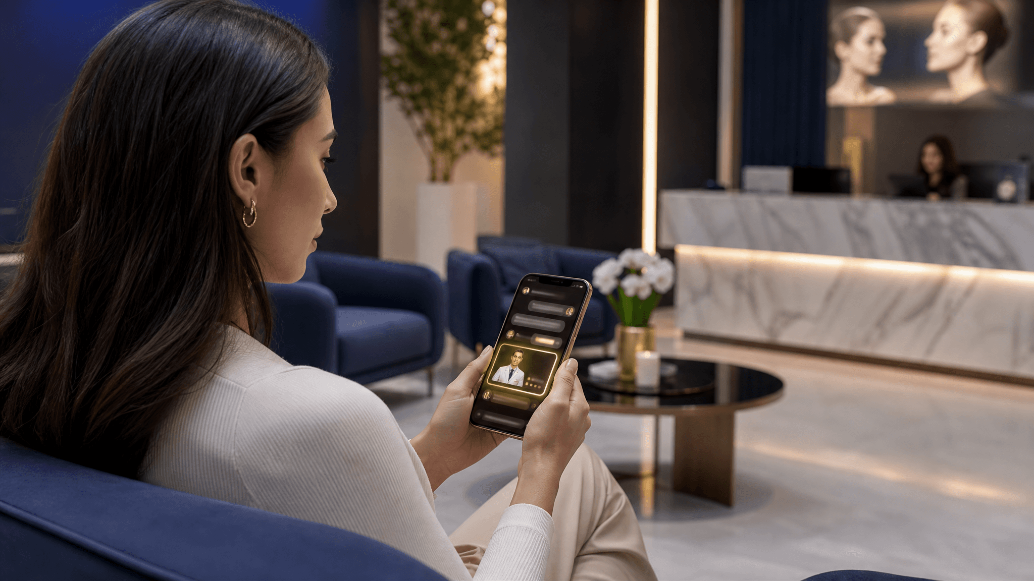 Patient using AI-assisted search on smartphone to find a qualified plastic surgeon.