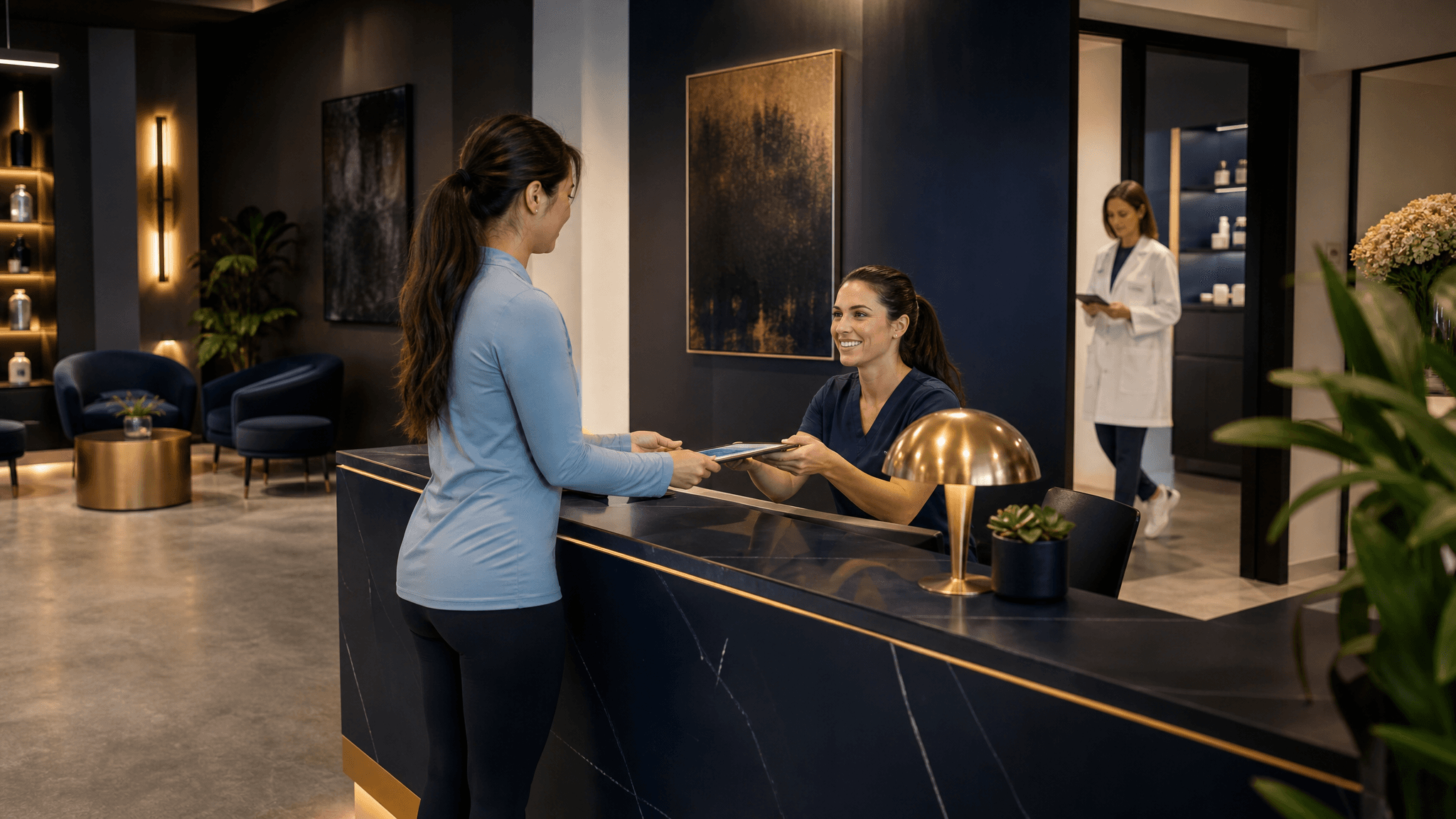 Patient checking in at a modern GLP-1 clinic reception desk