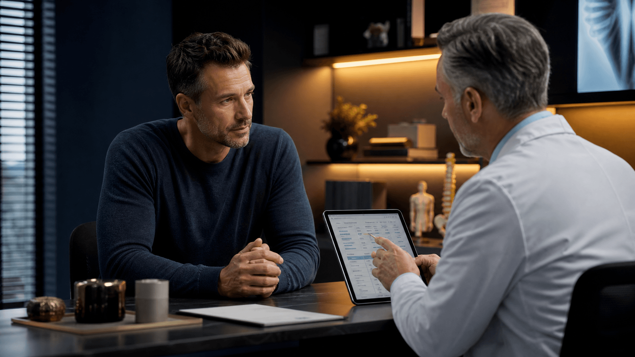 Man discussing testosterone replacement therapy options with physician during clinic consultation