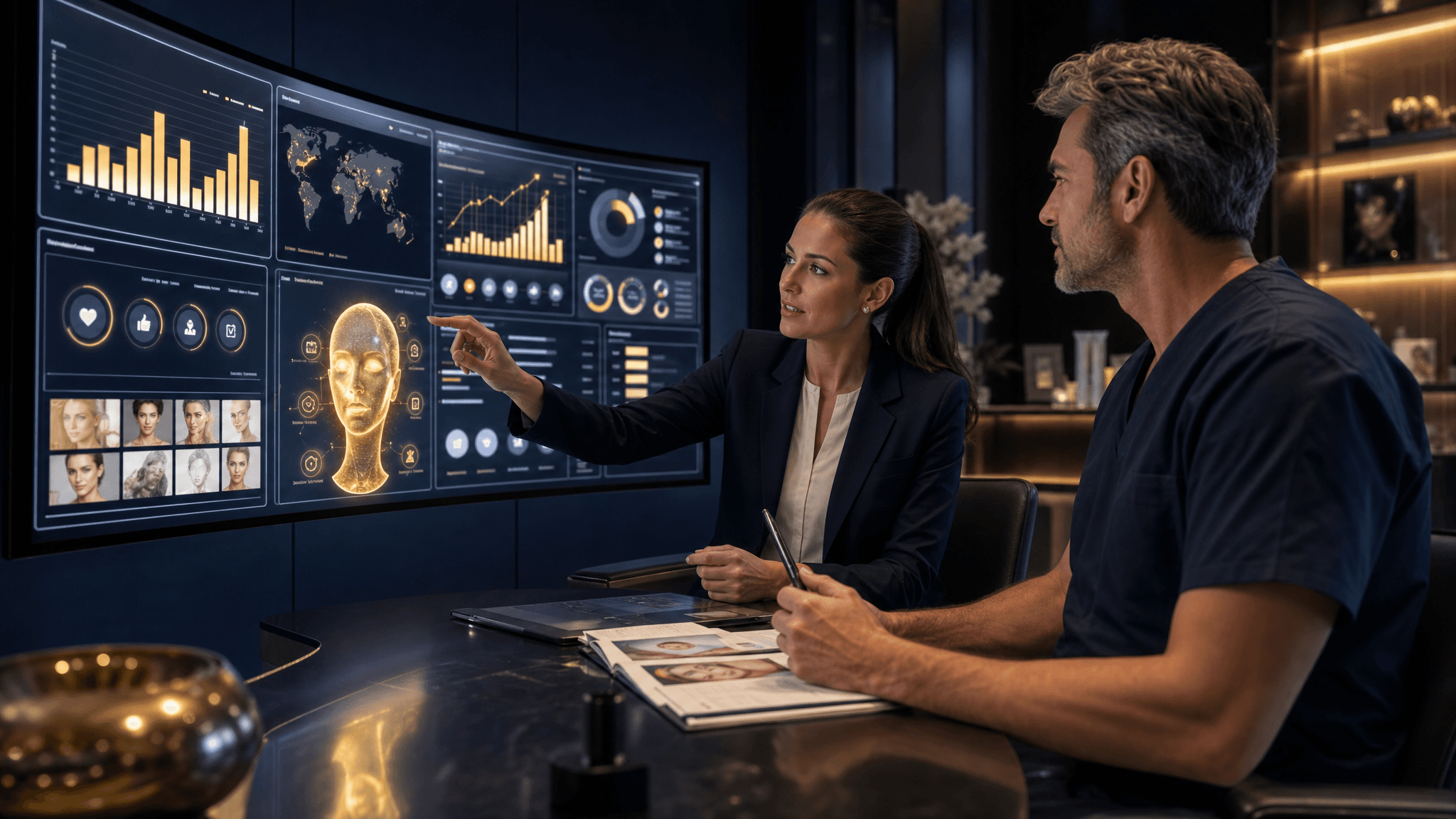 Plastic surgeon reviewing patient engagement and marketing analytics with a consultant