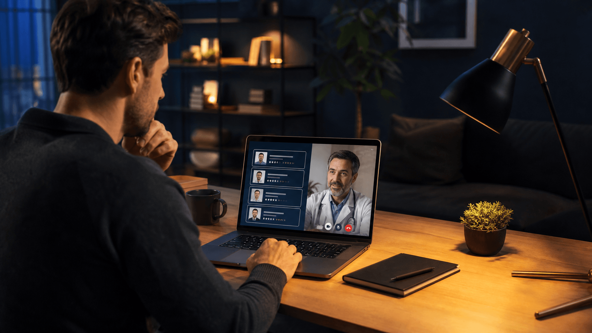 Man attending an online TRT telehealth consultation on a laptop while reviewing physician profiles and clinic ratings