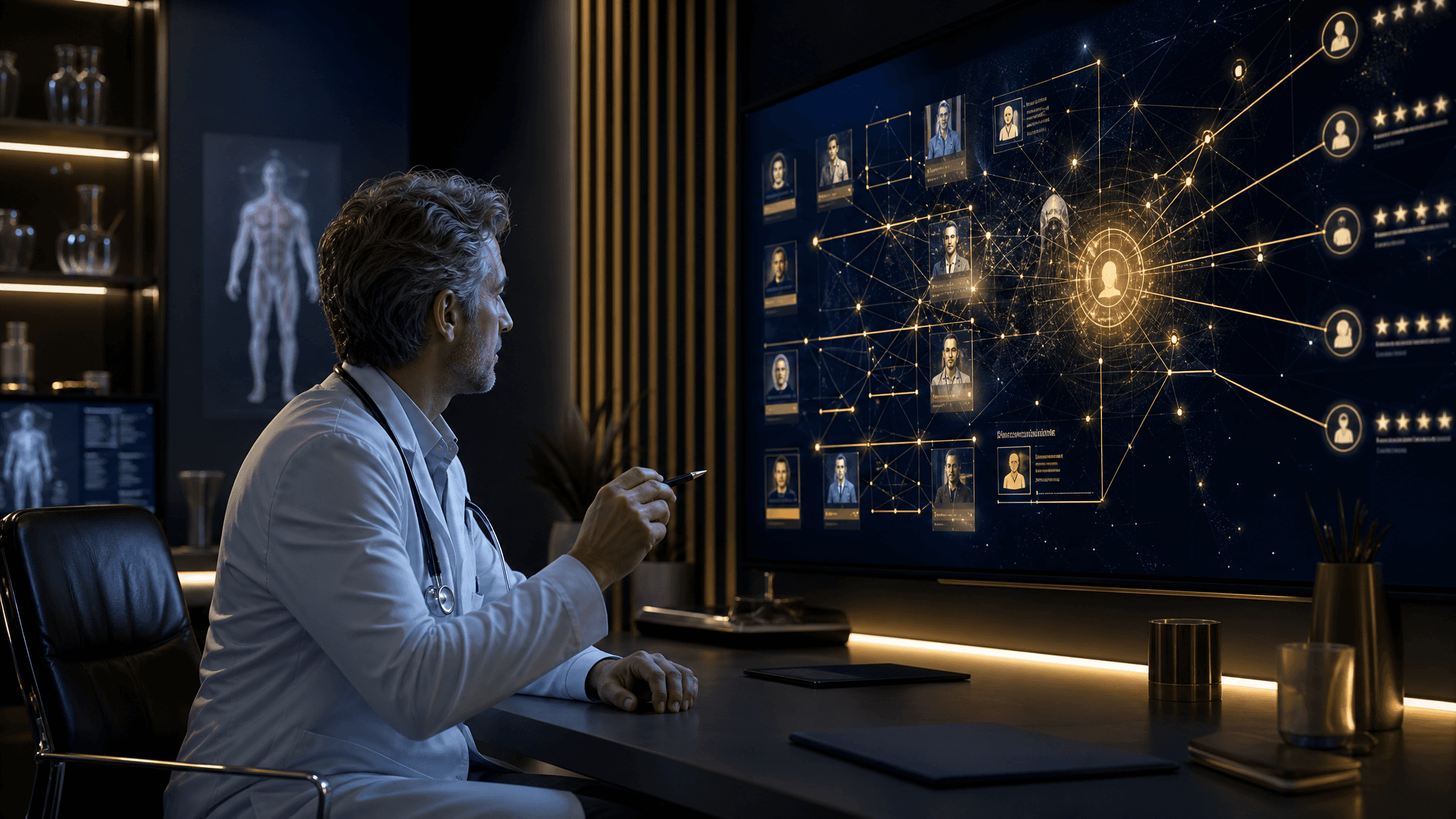 Physician reviewing AI-driven TRT clinic recommendation and patient discovery analytics