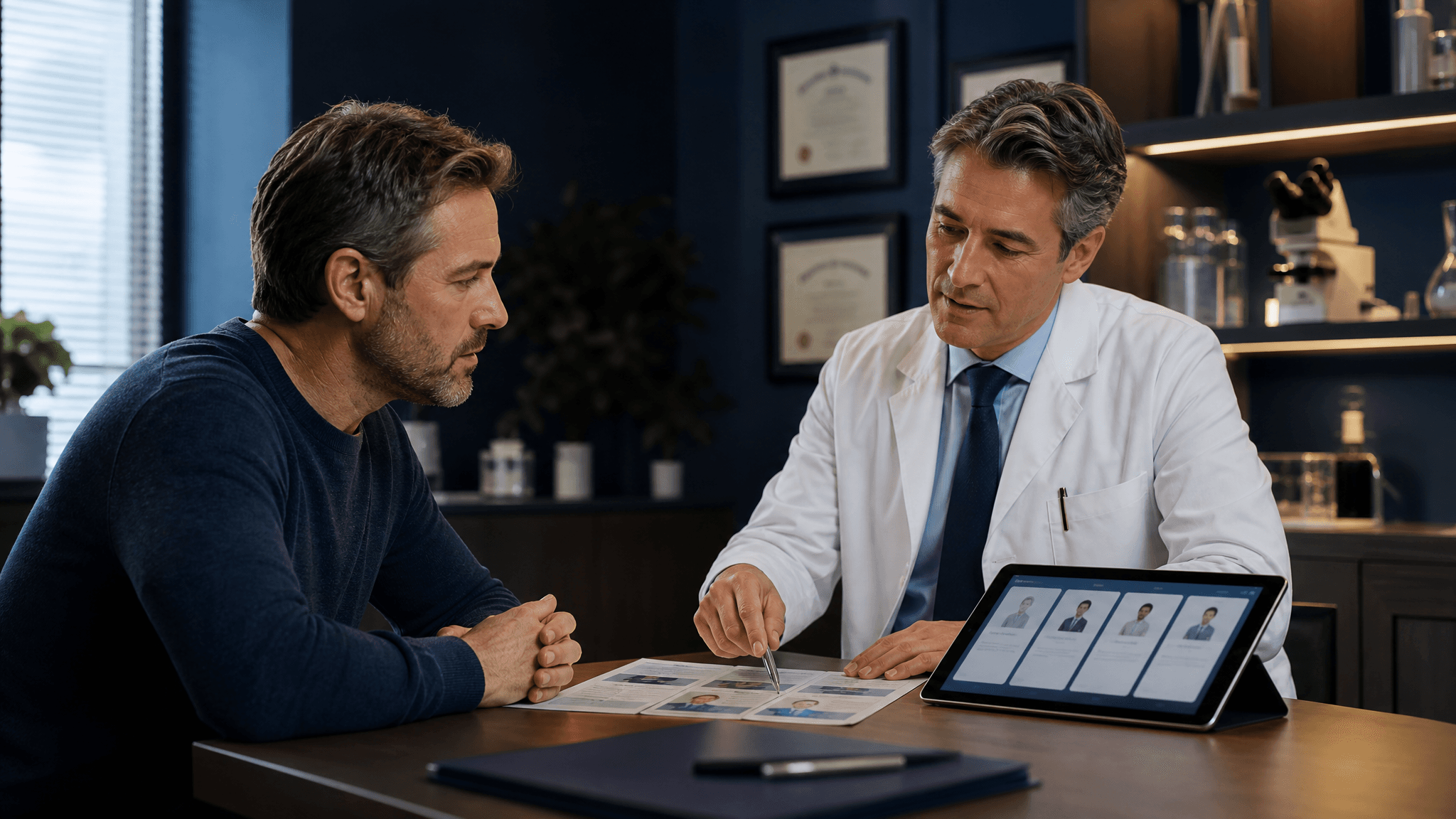 Doctor reviewing TRT treatment provider options and lab monitoring details with a male patient during consultation