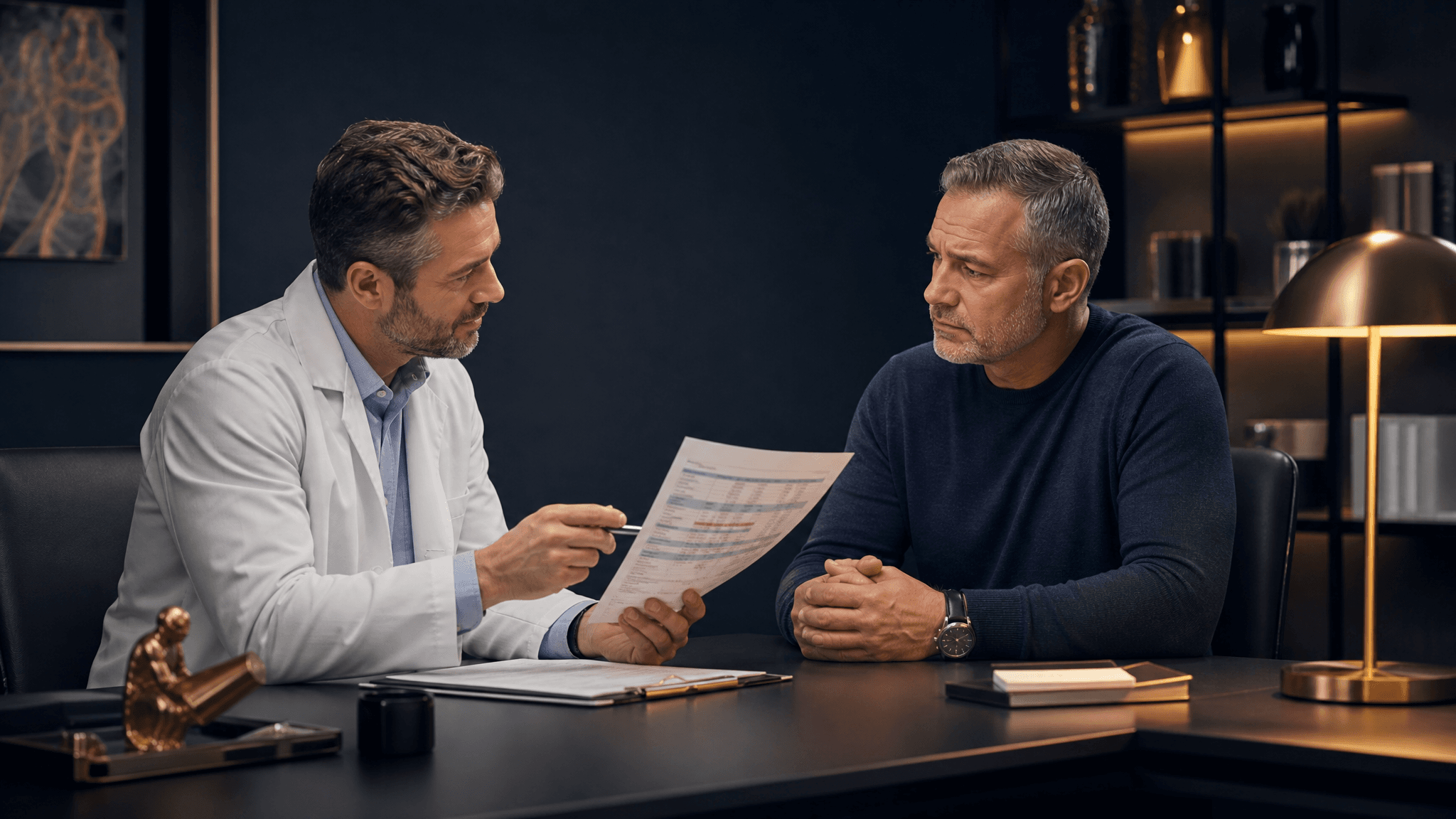 A clinician reviews TRT blood test results with a male patient at a consultation.