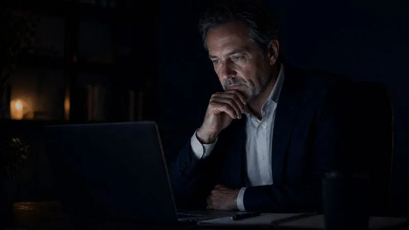 A wealth management prospect privately evaluating advisors on their laptop