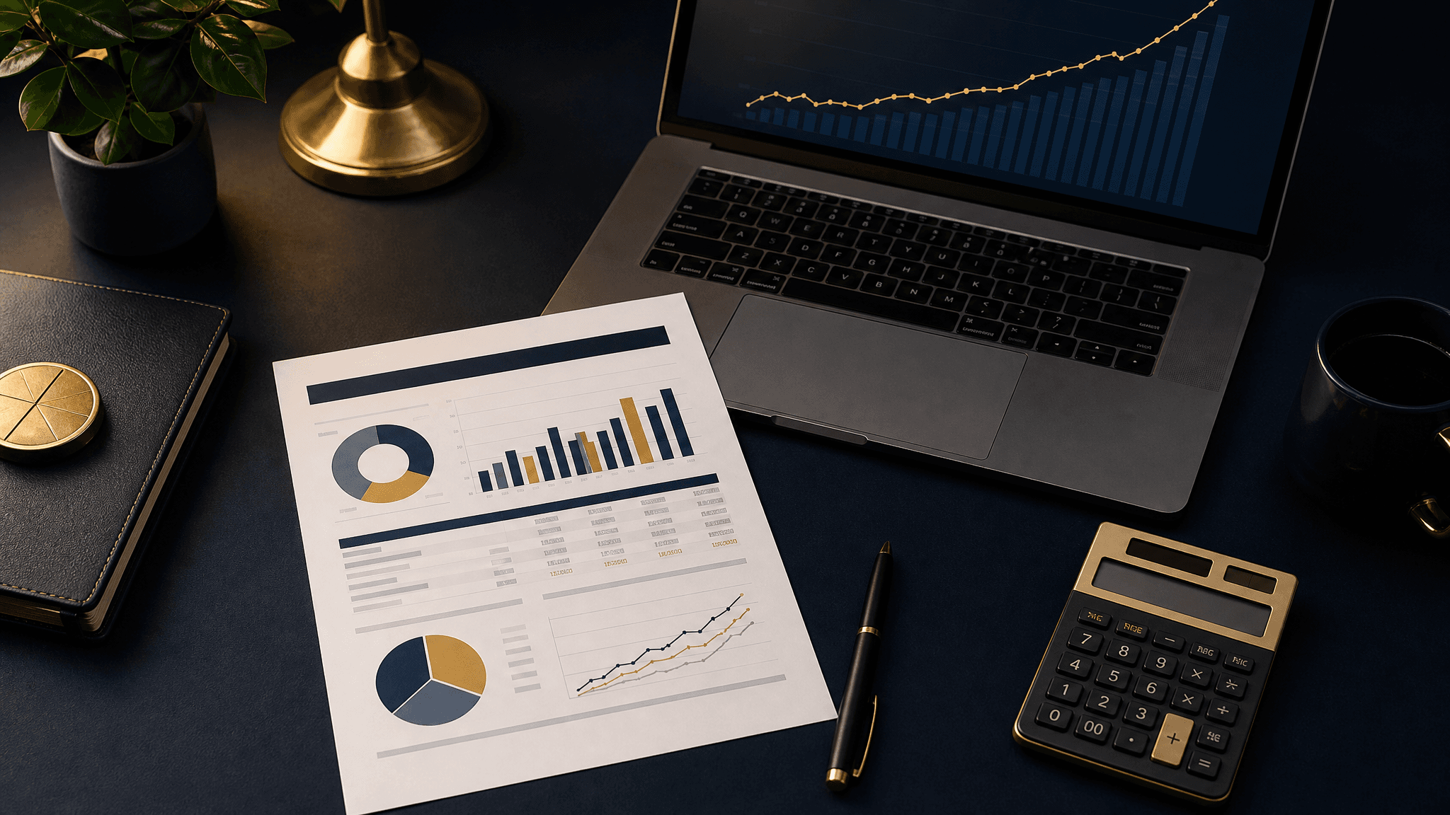 A 401(k) statement, a laptop with a savings chart, and a calculator on a desk