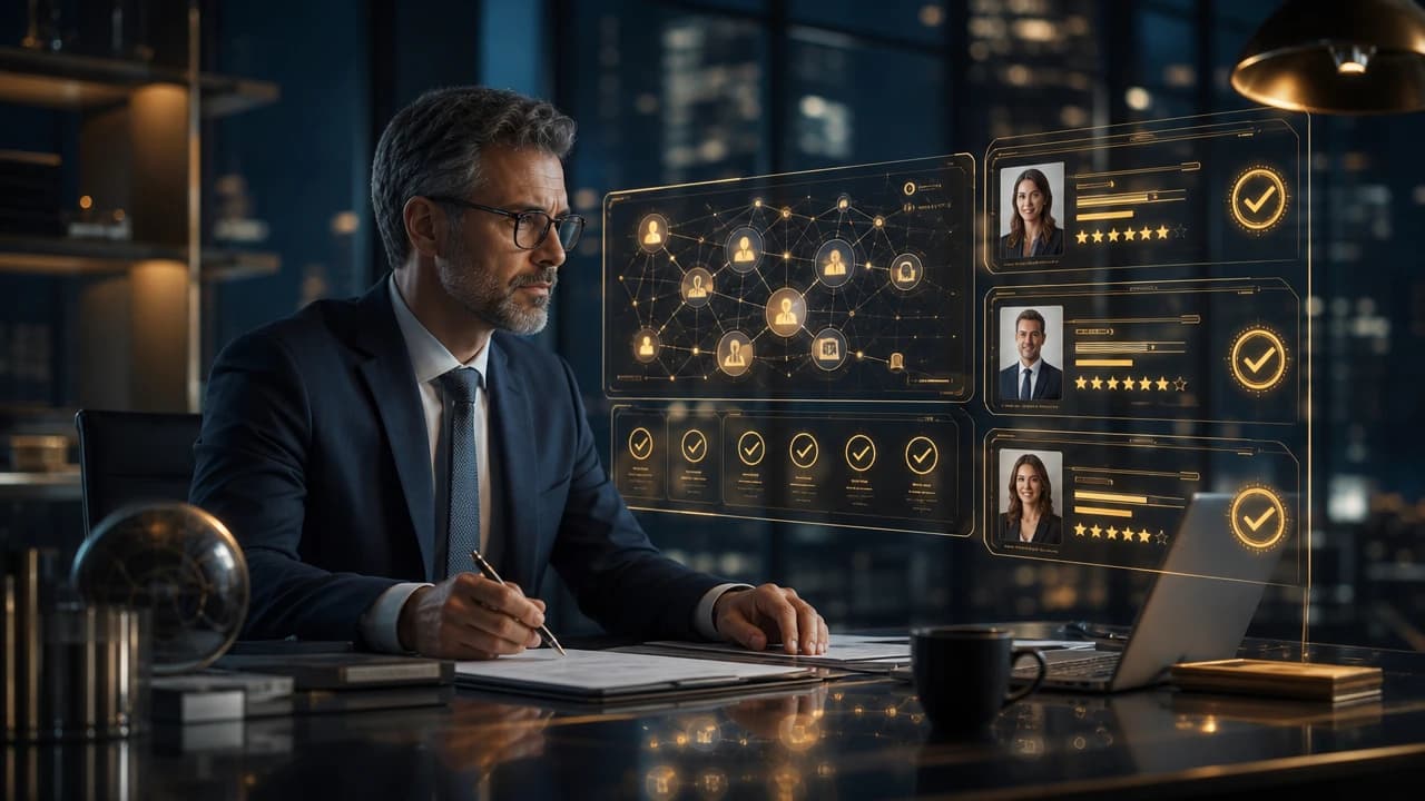 Financial advisor reviewing digital trust and credential signals on a computer dashboard, illustrating how AI systems evaluate retirement planners through entity recognition, reviews, and professional credentials
