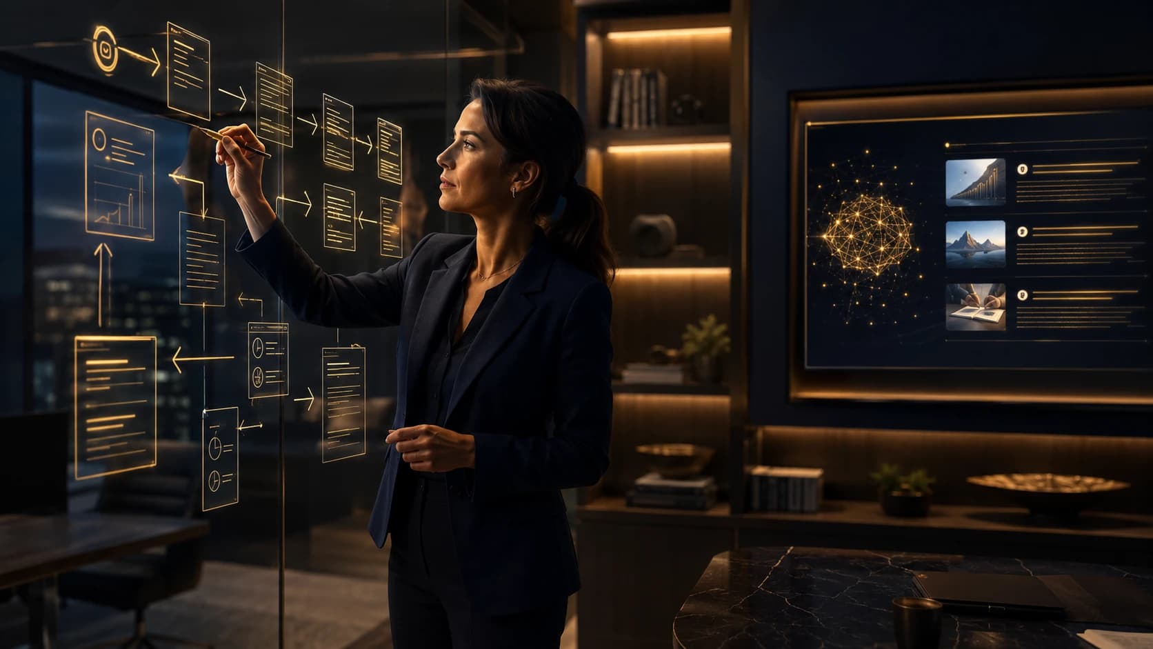 Financial advisor developing an AI-optimized content strategy on a digital planning board, illustrating retirement income planning content creation, knowledge organization, and authority building for AI-driven search and recommendation platforms
