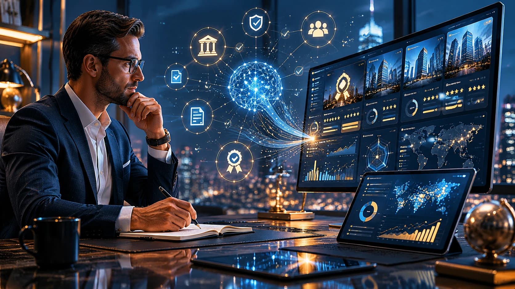 Wealth management professional reviewing AI-driven trust, credential, and authority signals across multiple analytics dashboards, illustrating AI citation optimization and digital visibility for financial advisory firms