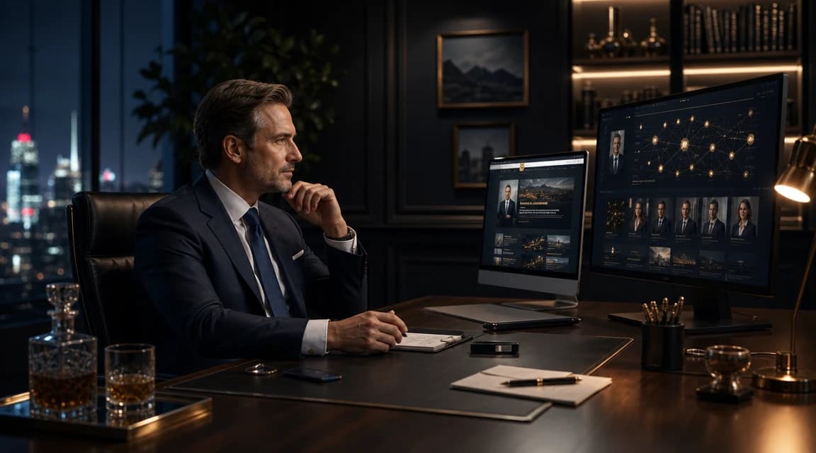 Private wealth advisor reviewing digital trust, credential, and visibility signals across multiple analytics displays, illustrating AI citation optimization and discoverability for wealth management and financial advisory firm