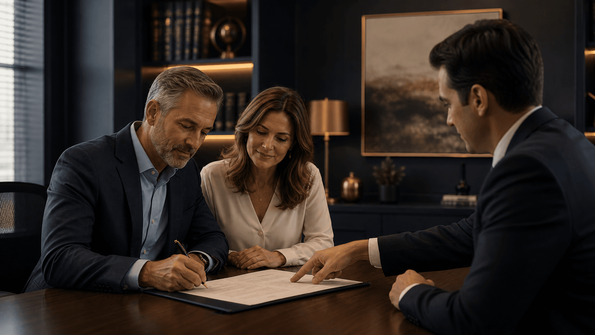 A married couple signs living trust documents with an estate attorney guiding them.