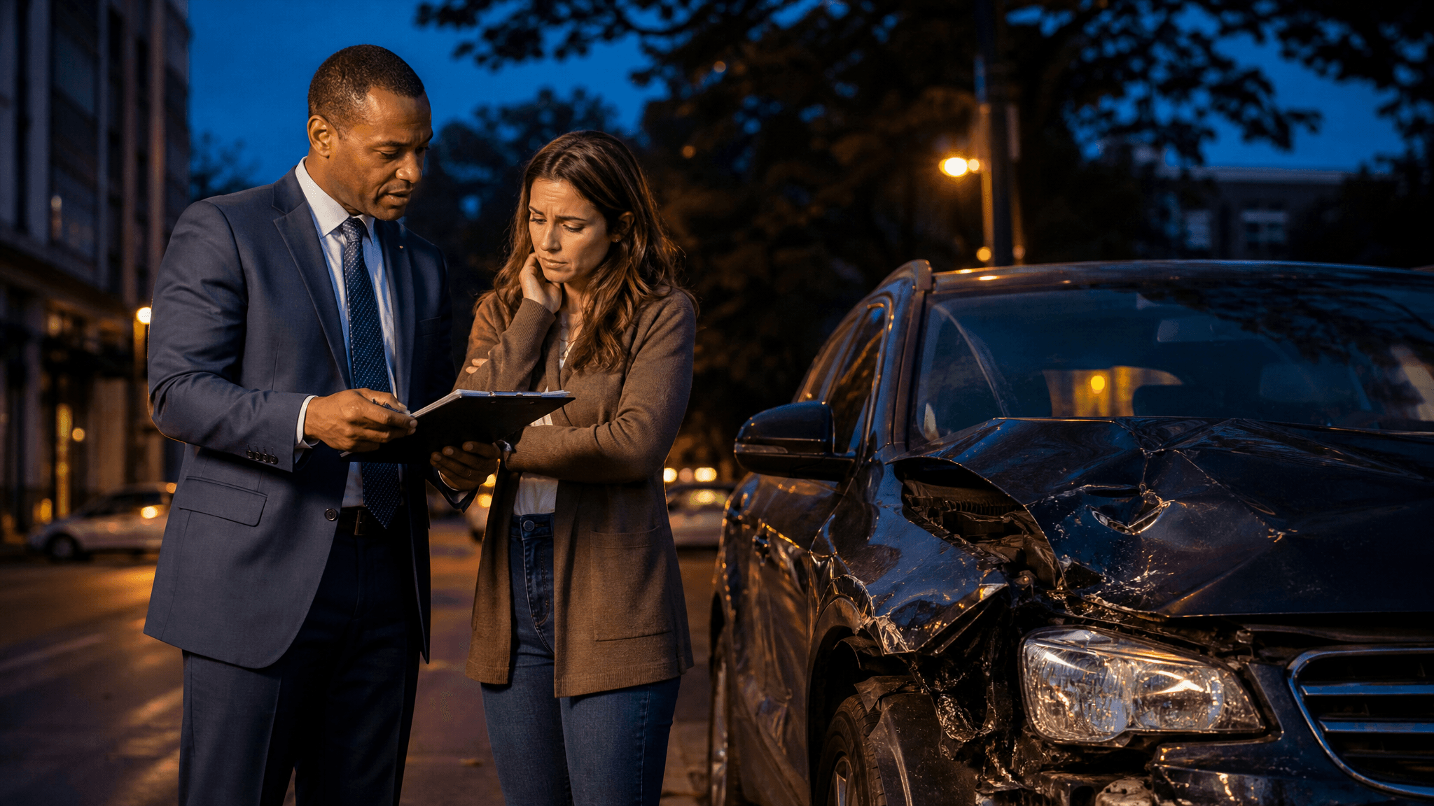 An attorney reviews accident paperwork with a client beside a damaged car at dusk.