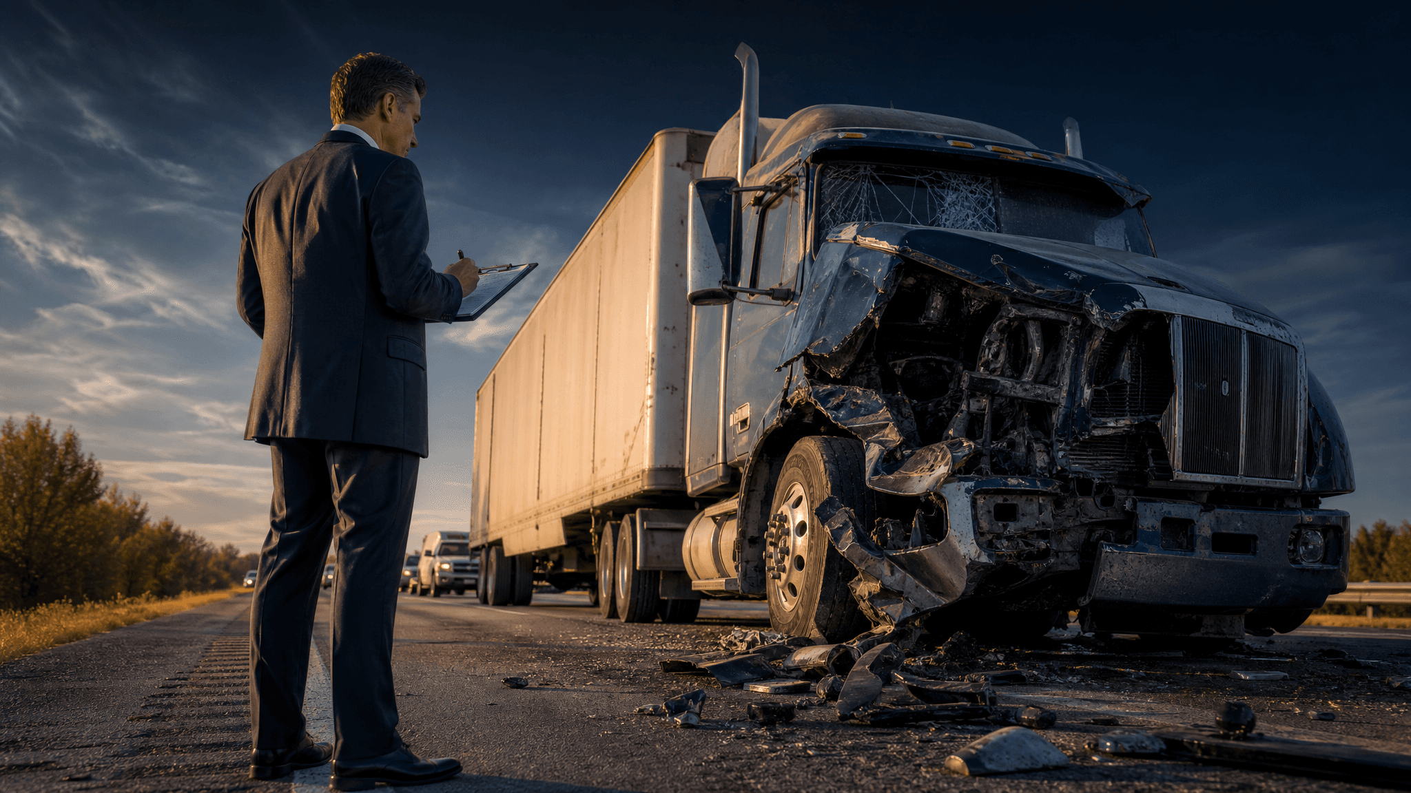 An attorney examines a damaged commercial semi-truck on a highway shoulder after a crash