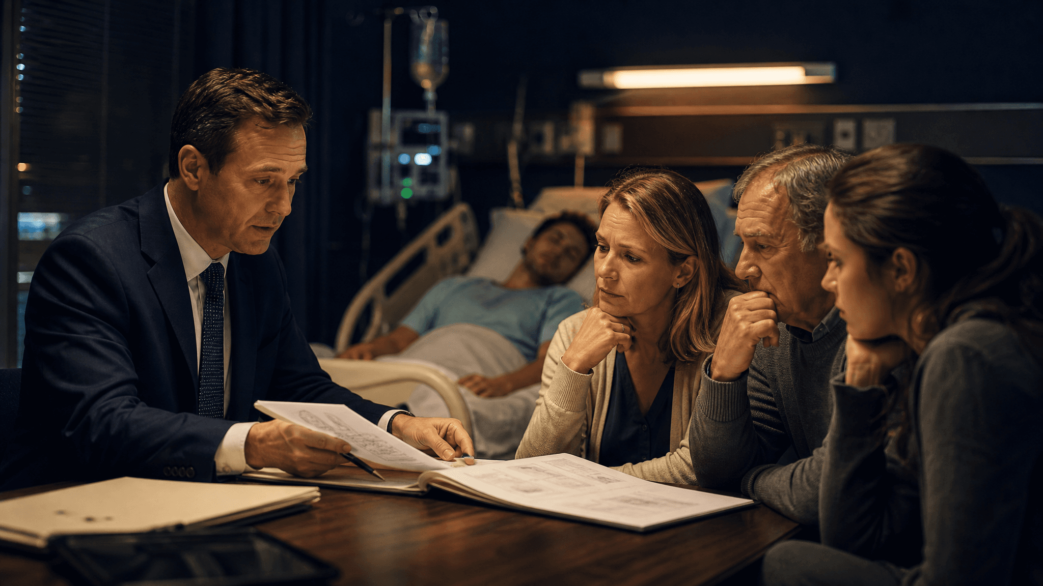 An attorney meets an injured patients family at a hospital bedside reviewing medical records.