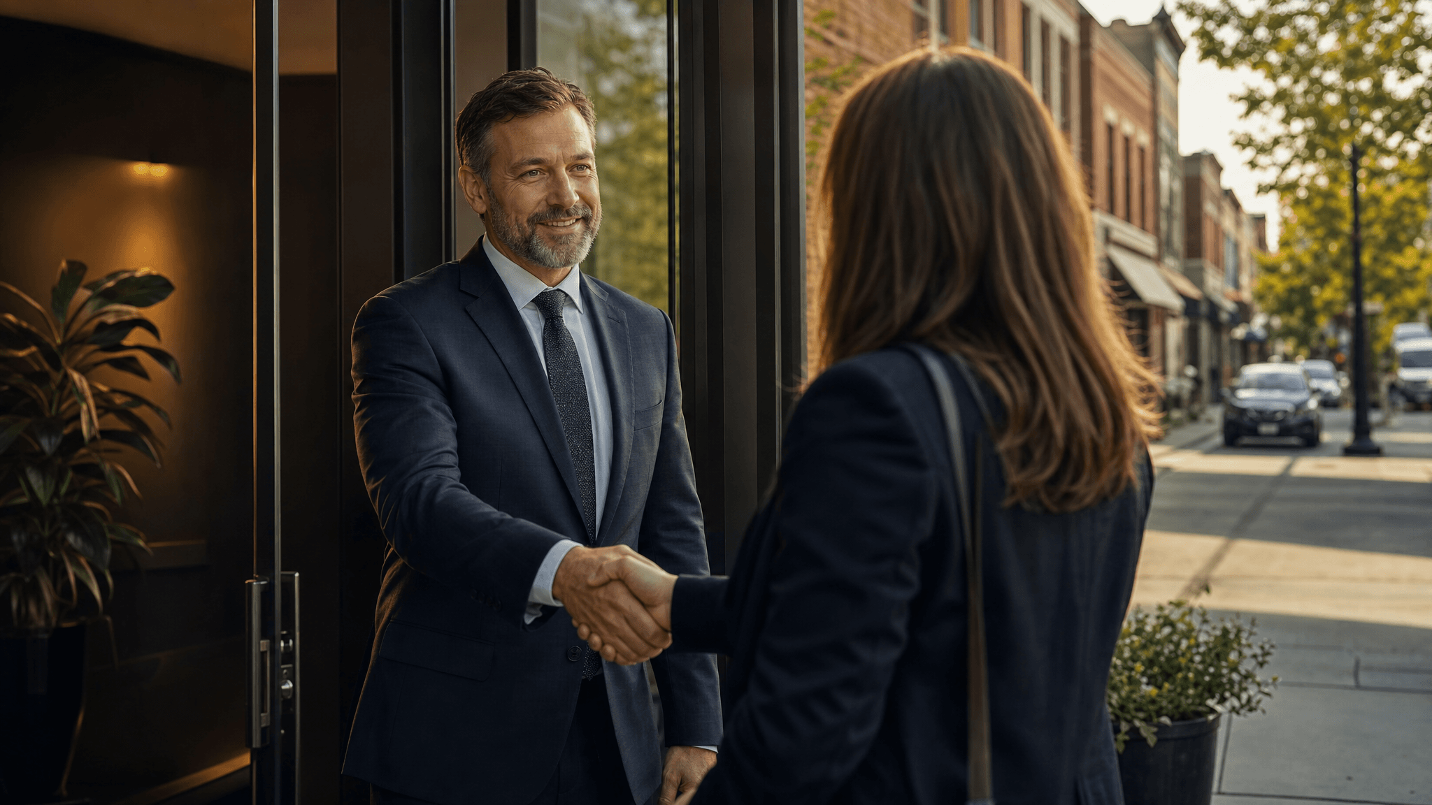 A family law attorney greets a client at a neighborhood law office entrance on a city street.