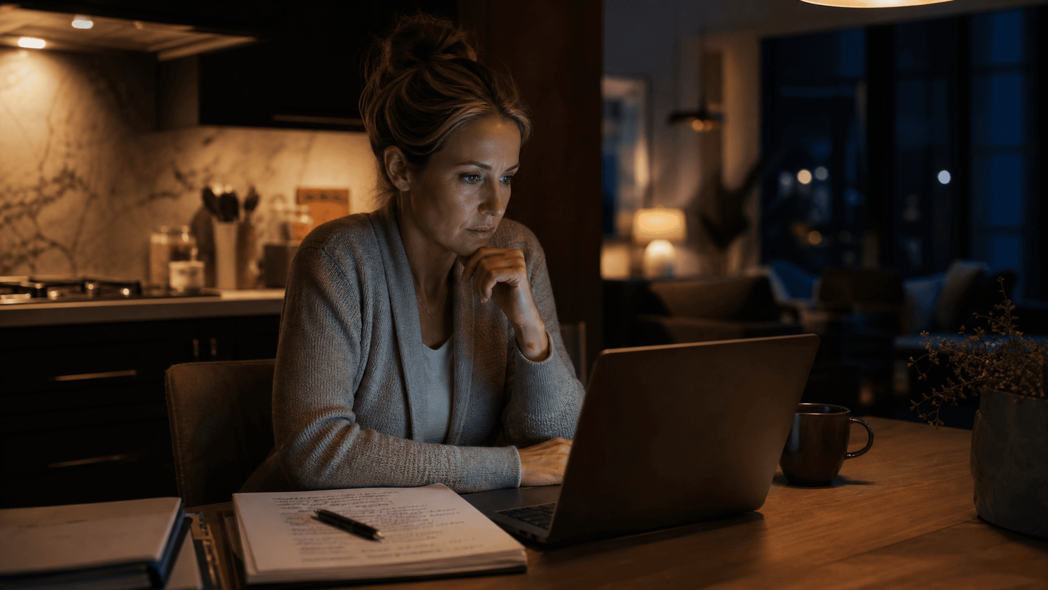 A person at a kitchen table researches and compares divorce lawyers on a laptop.