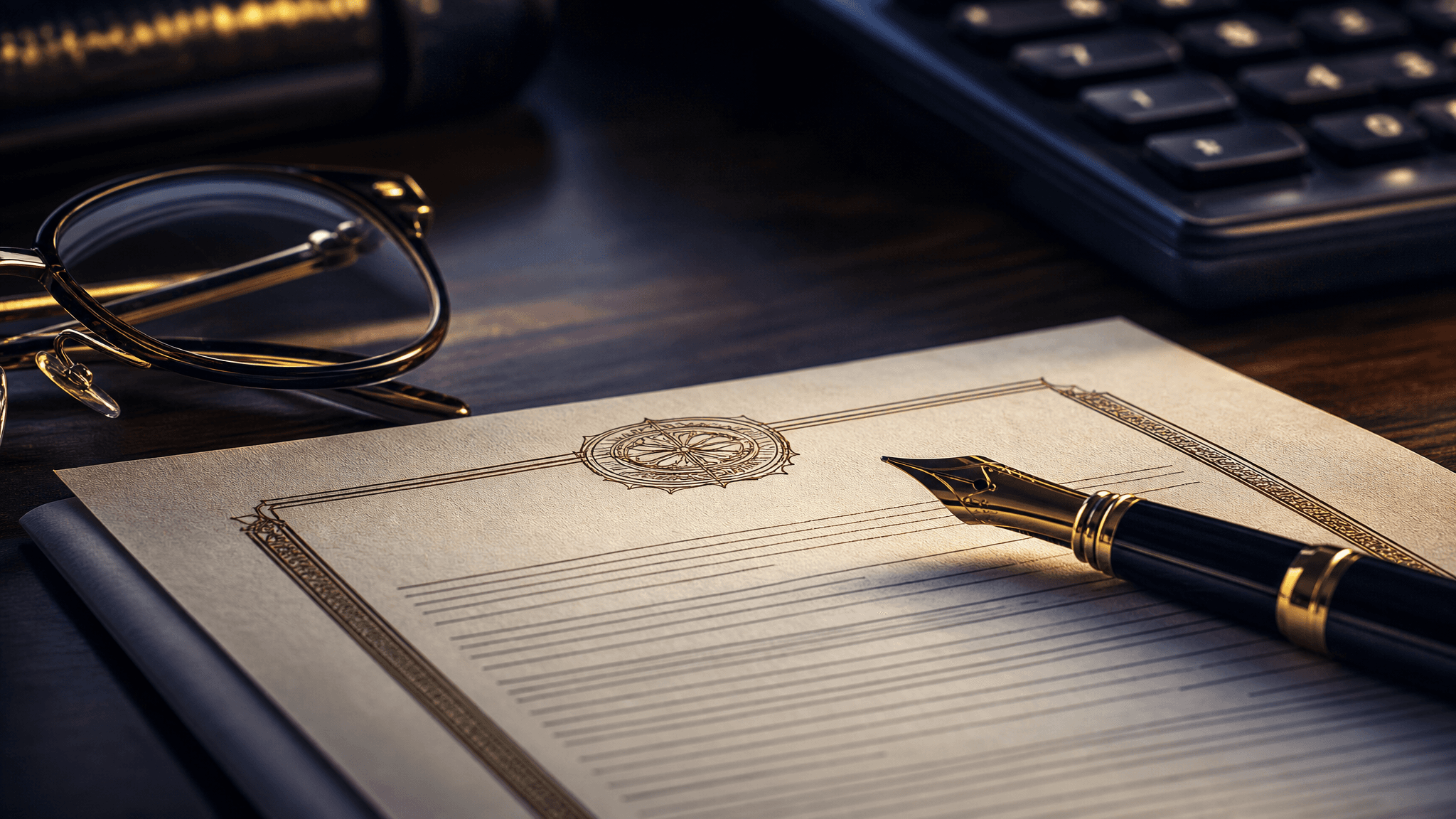 An annuity contract, a pen, reading glasses, and a calculator on a desk.