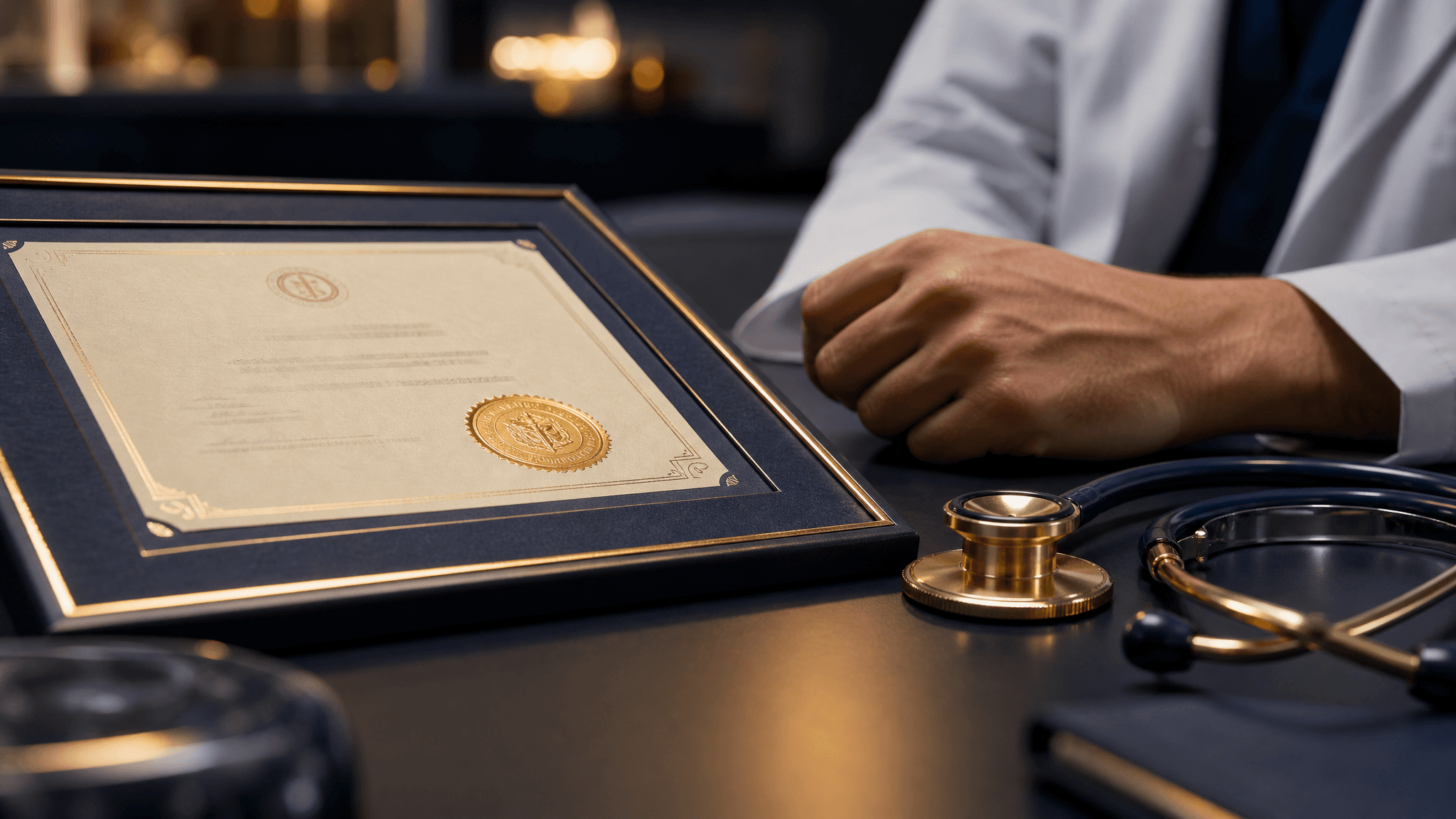 A board-certification certificate and a stethoscope on a doctor's consultation desk