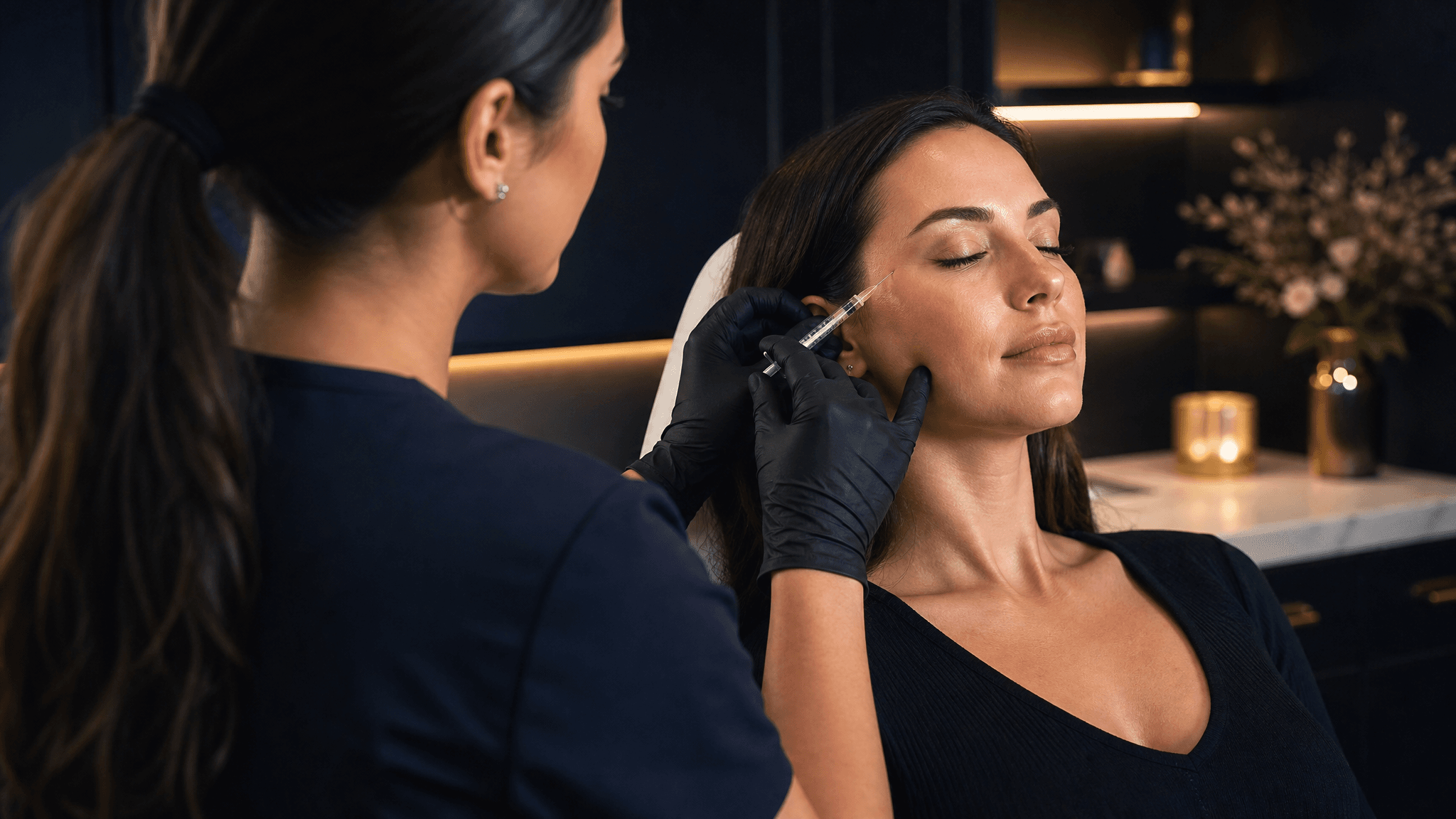 A provider giving a Botox injection to a client in a med spa treatment room