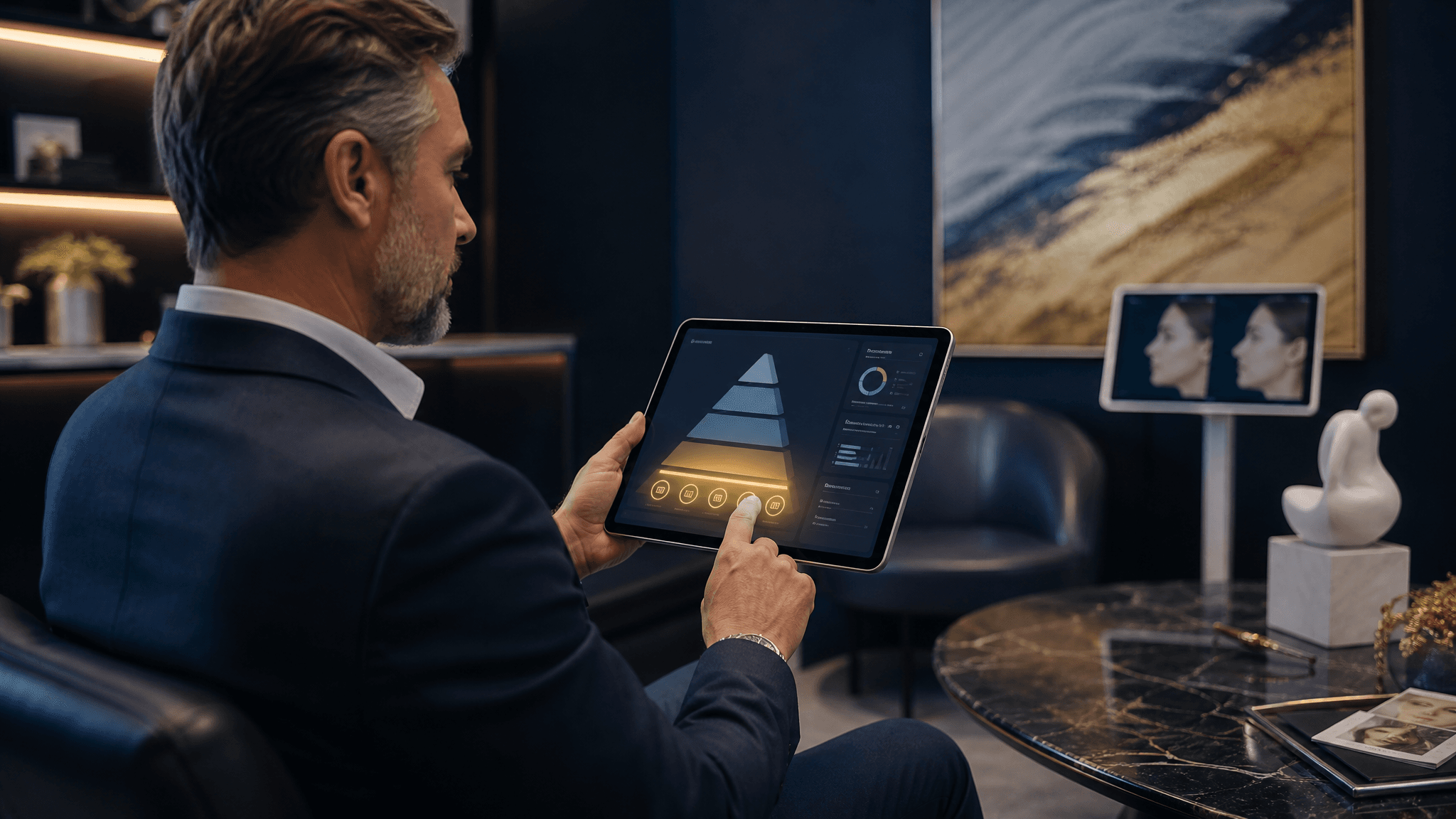 Cosmetic surgery consultant reviewing AI-driven marketing funnel and patient acquisition analytics.