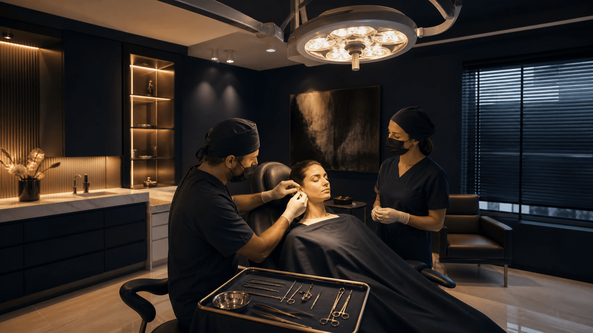 A plastic surgeon performs a minor earlobe repair on a patient in a treatment room.