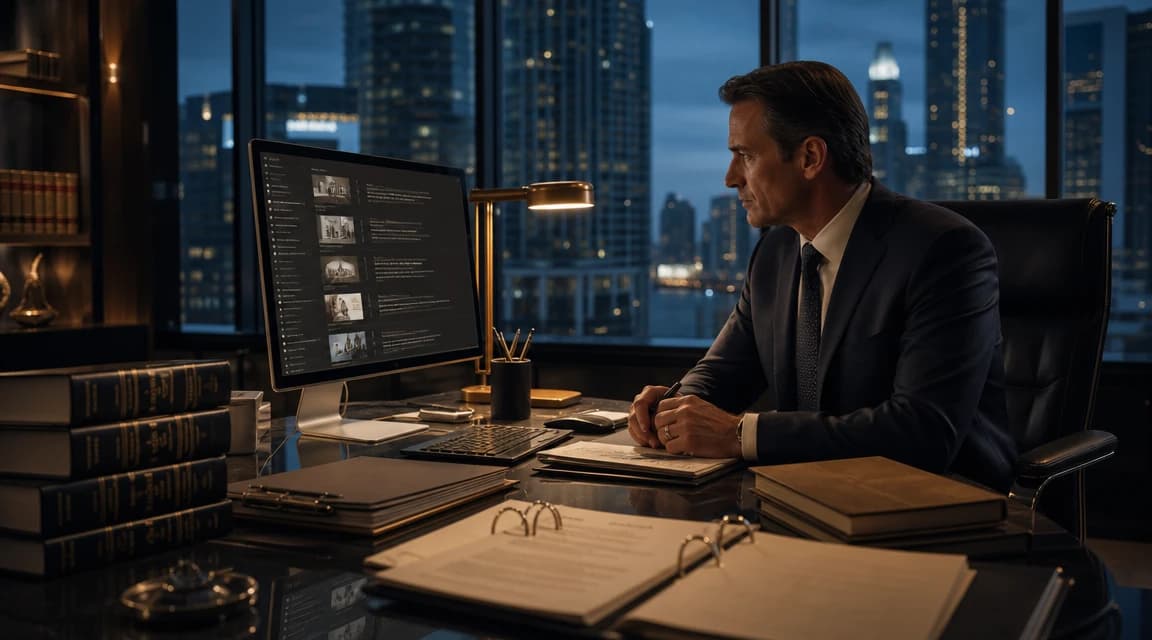 A local estate planning attorney reviews AI search results showing no citation of their firm in a modern office.
