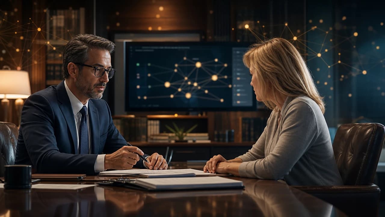 An estate planning advisor reviews wealth transfer documents with a client in an elegant private office