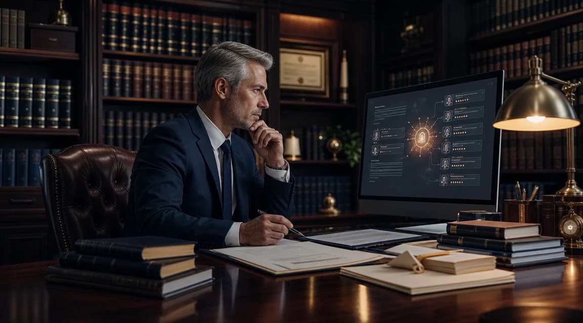 An estate planning attorney reviews AI recommendation results and legal documents in a premium law office.