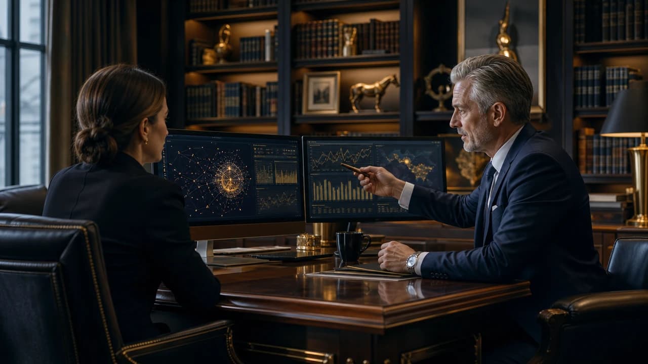 Family office advisor meeting with a client in a private office while reviewing investment analytics dashboards, illustrating AI citation visibility, wealth advisory trust signals, and family office marketing strategy