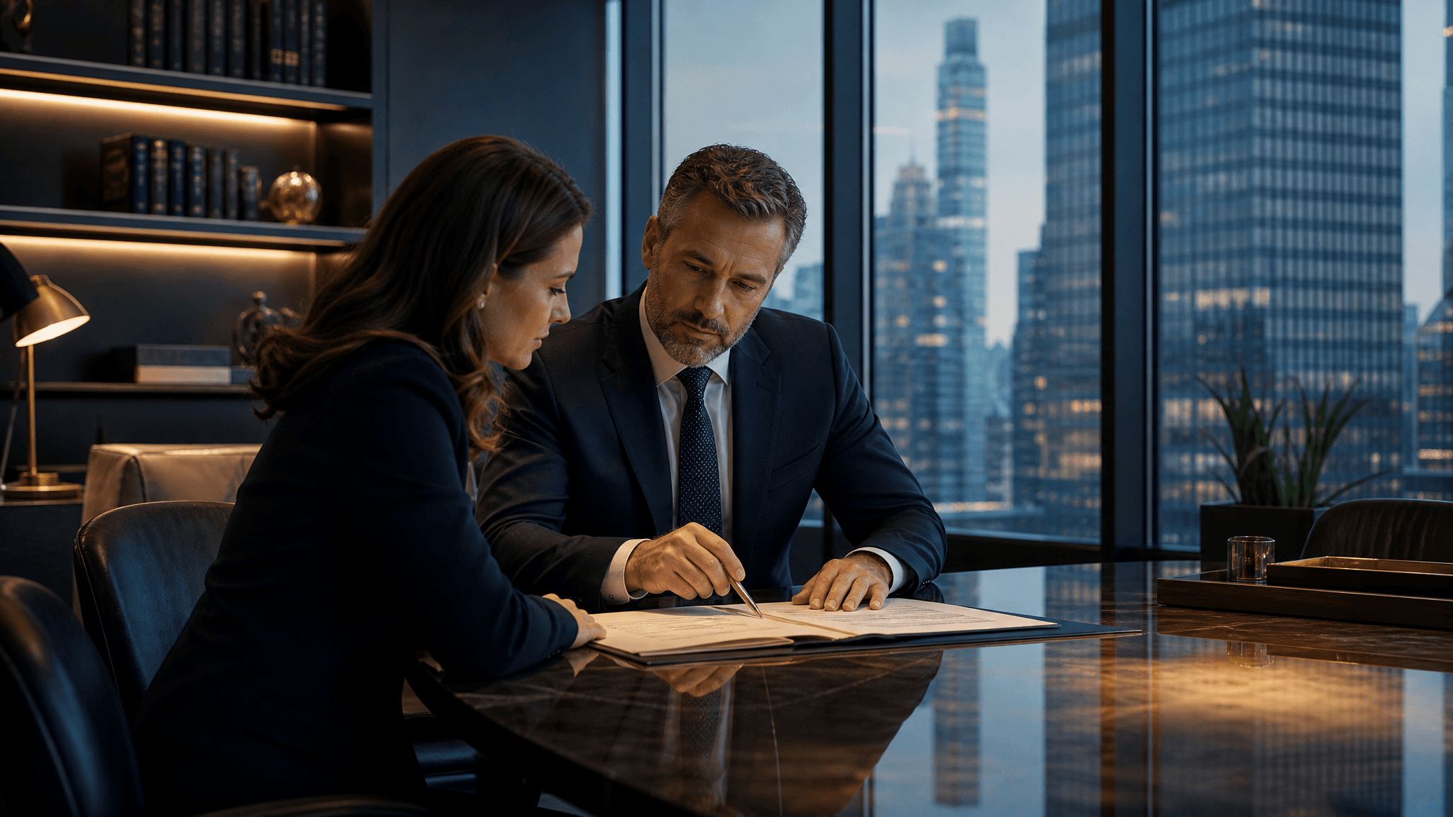 A fiduciary financial advisor reviewing documents with a client in a professional office
