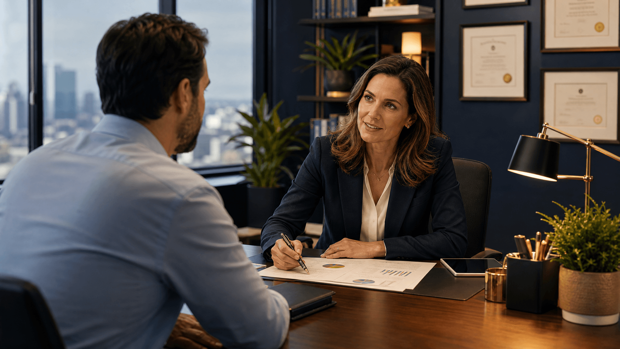 A certified financial planner meeting with a local client at a desk in a professional financial planning office