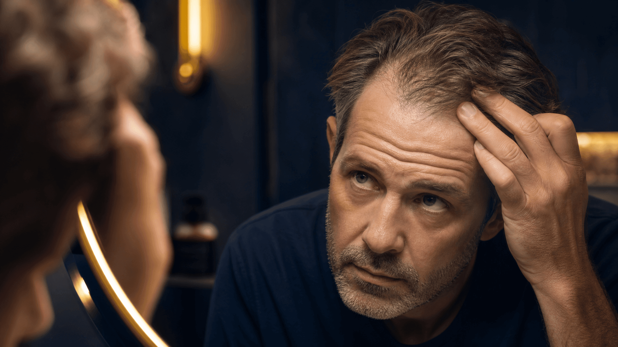 A man examines his thinning hairline in a mirror.