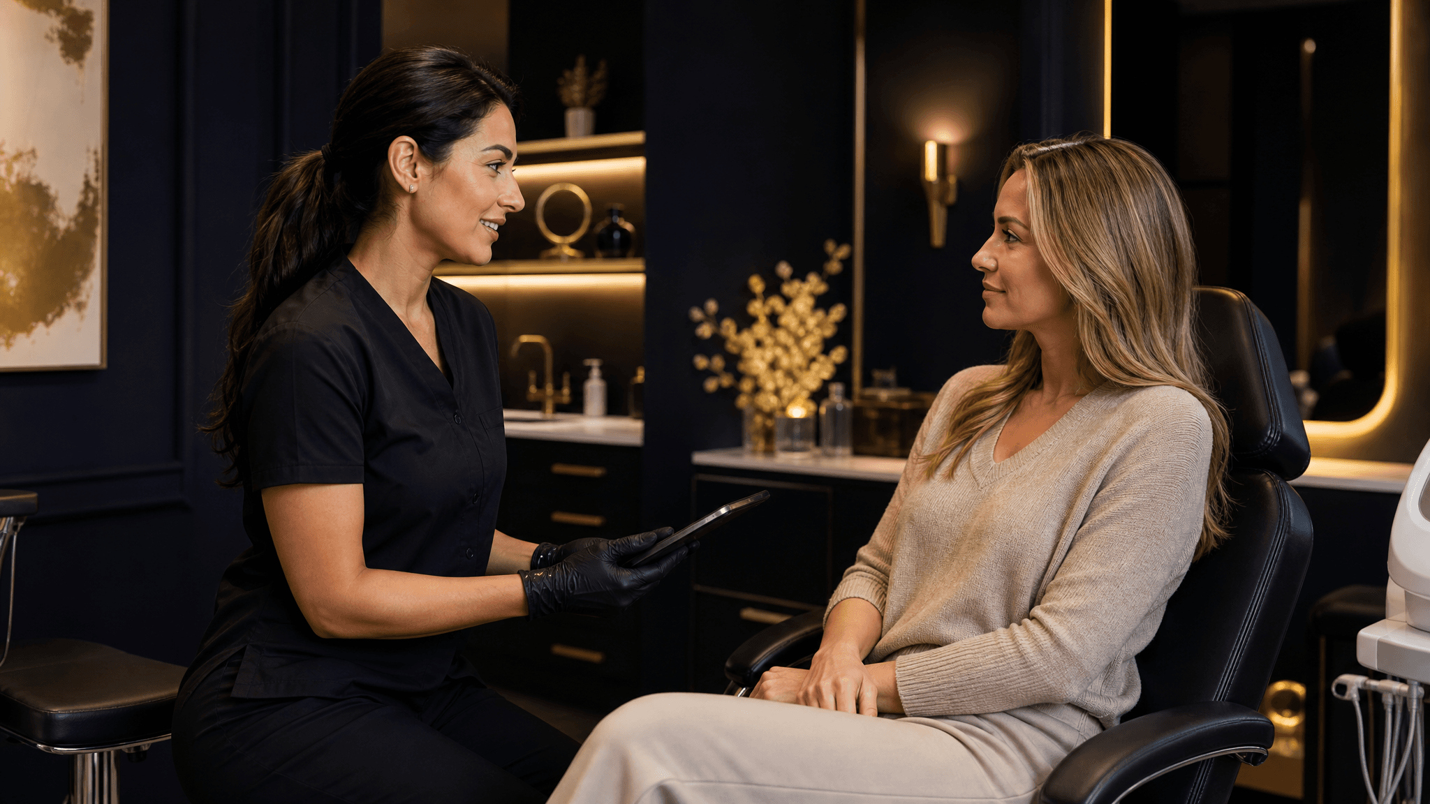 An aesthetic provider consulting with a client in a modern med spa treatment room
