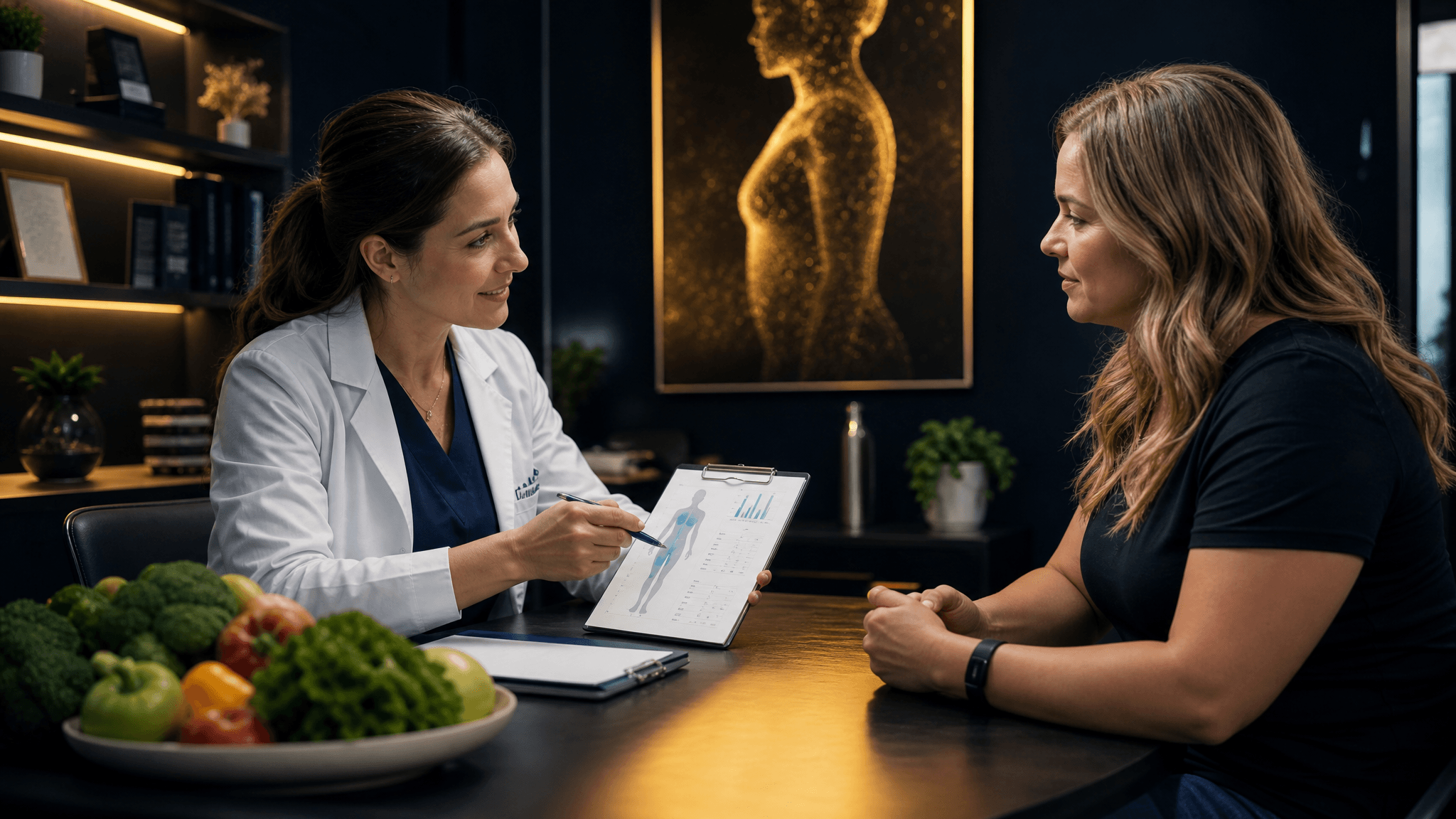 A clinician discusses a weight management plan with a patient at a medical clinic