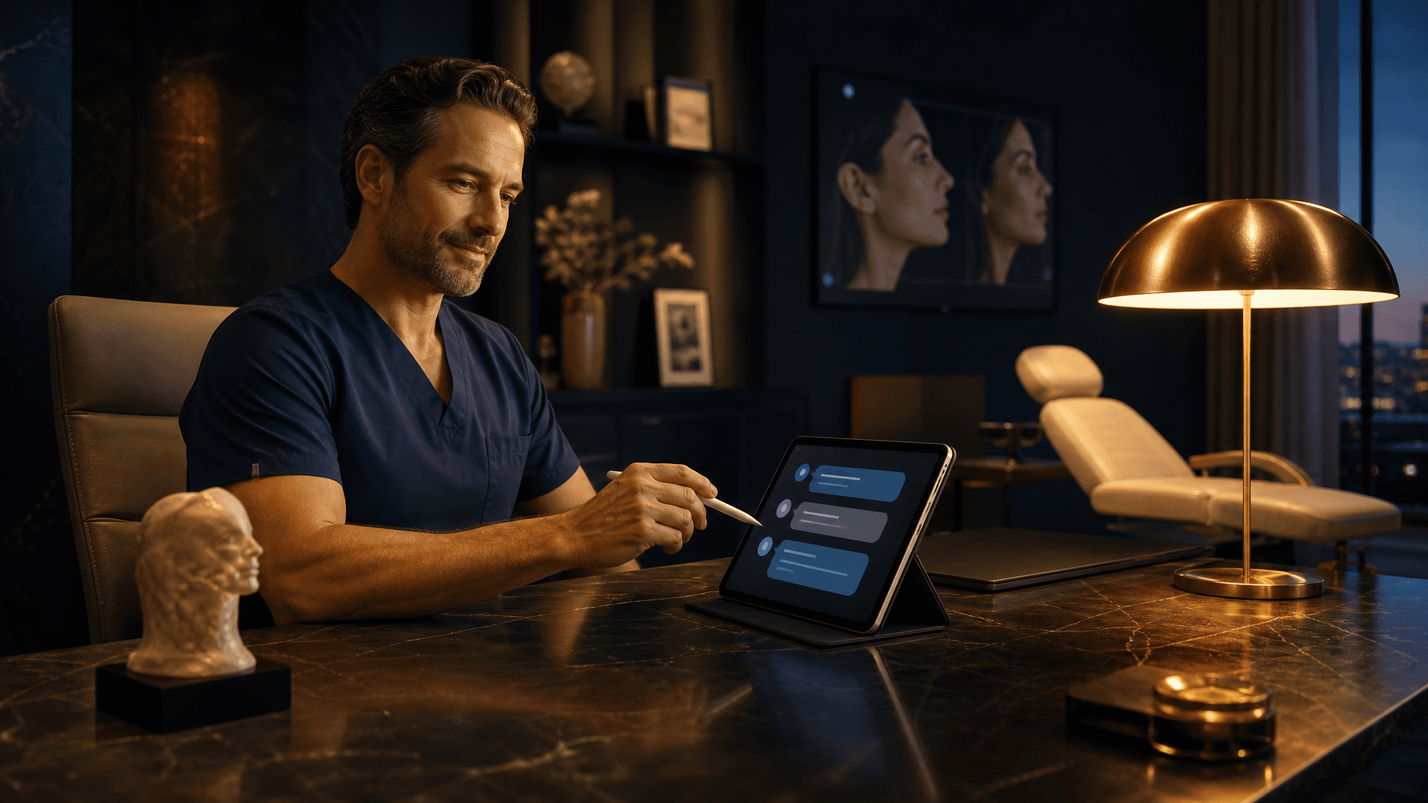 Plastic surgeon reviewing AI-powered patient consultation and citation strategy on tablet.