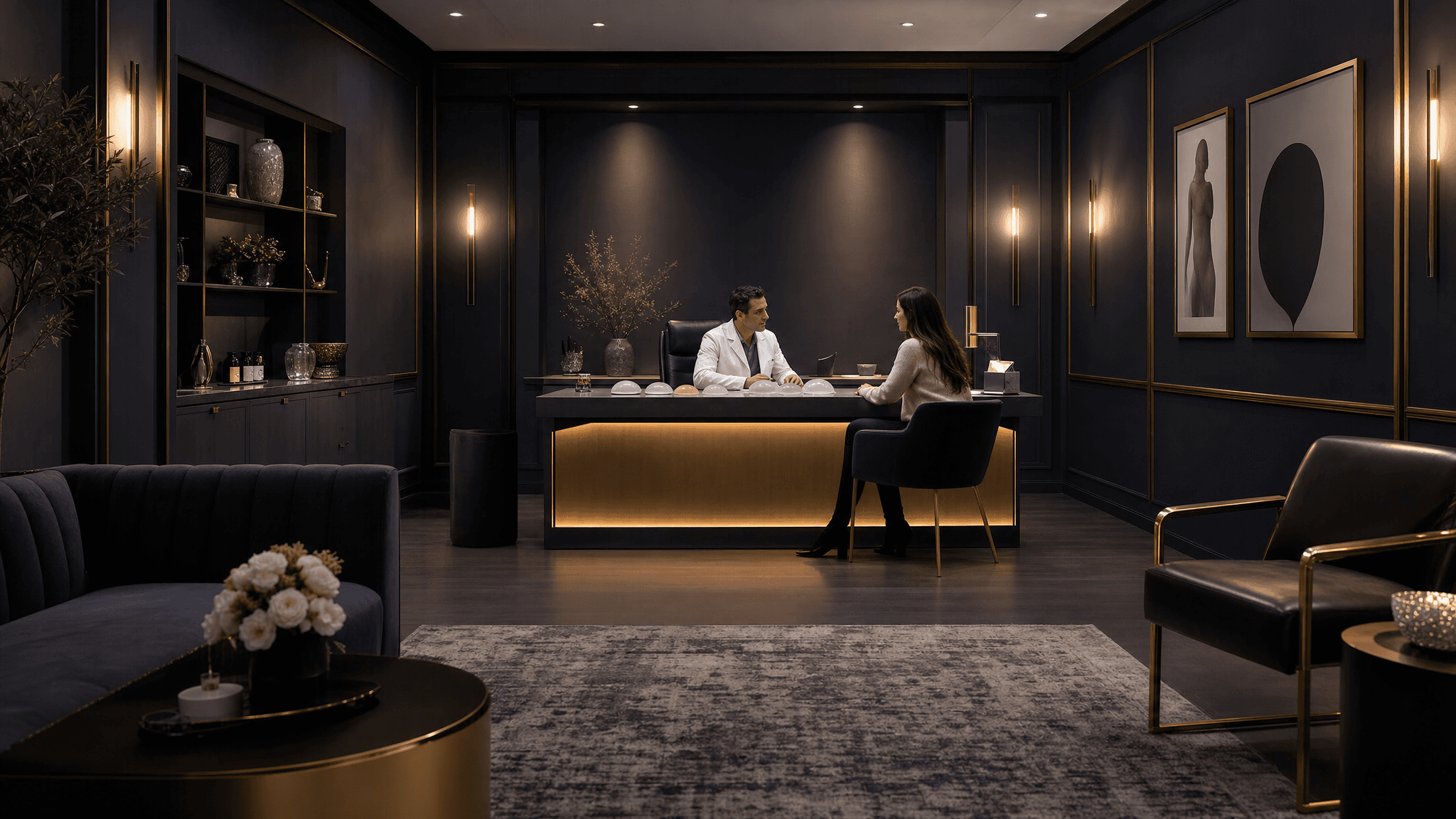 A surgeon and patient reviewing information in a modern plastic surgery consultation suite